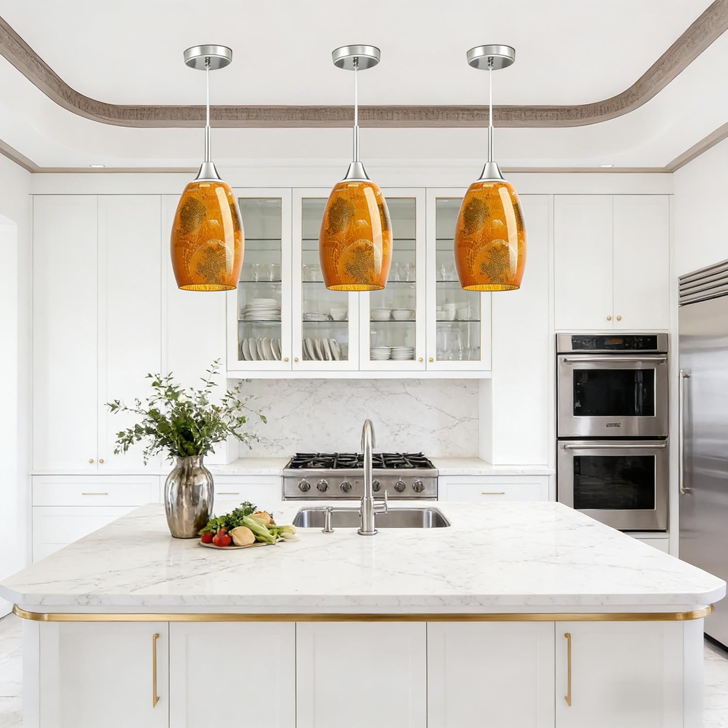 Oval Glass Lamp Shade Cover for Kitchen Pendant Light over Island, Orange Stone Crackle Hanging Ceiling Light Fixture Replacement, 7x4.71" with 1.65" Fitter, Pendant Chandelier Glass Shade 4 Pack