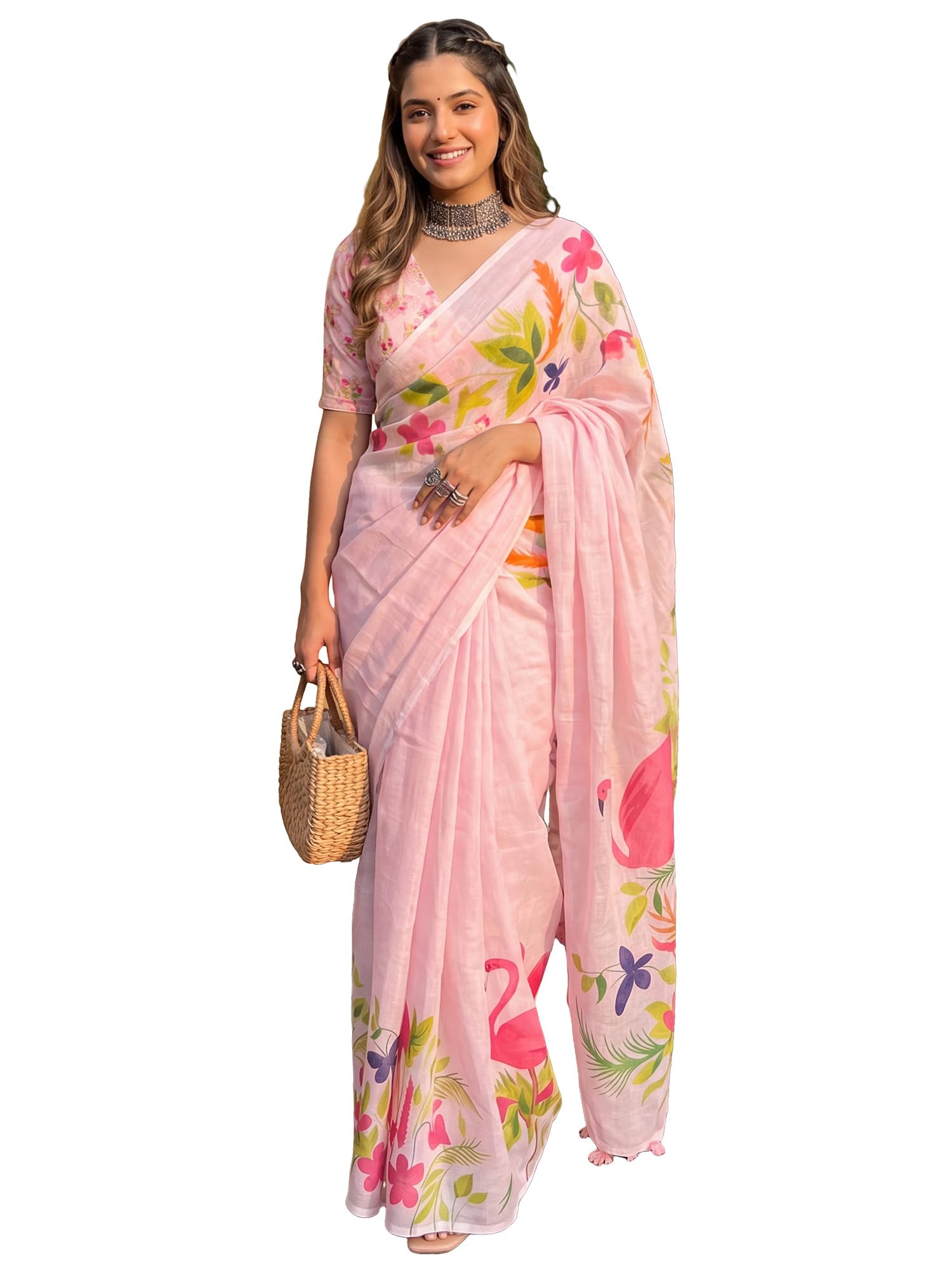 akhilam Women's Pink Linen Floral Print Saree With Unstitched Blouse Piece |Linen Saree|Linen Saree For Women (UNATI3301_AC)-picture-42