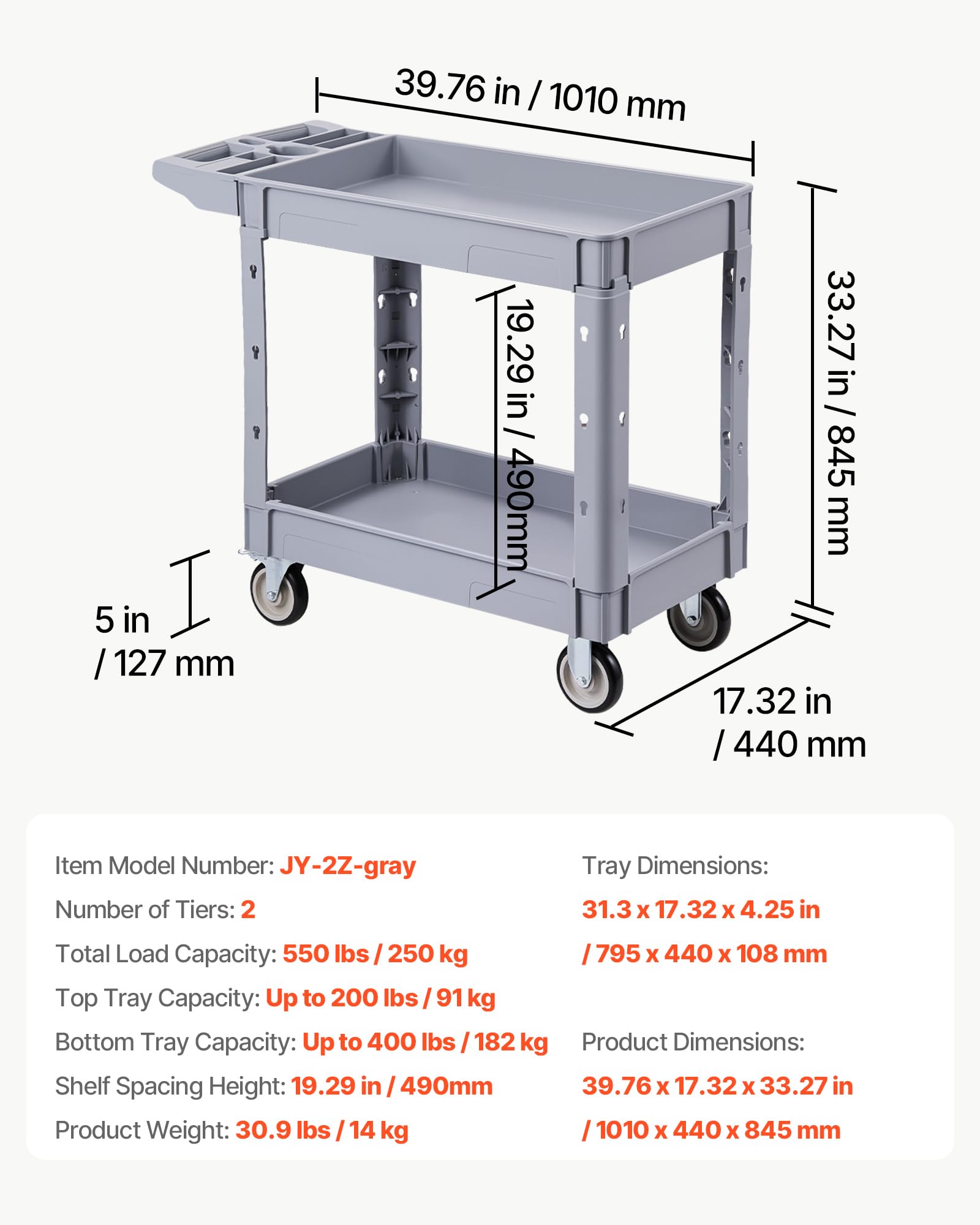 VEVOR Carrello di Servizio Portata 250 kg 2 Ripiani Ruote Girevoli a 360°, Carrello da Officina, 2 Ruote con Freno, Struttura in Plastica Resistente con Vassoio Comodo, per Garage e Magazzino, Grigio