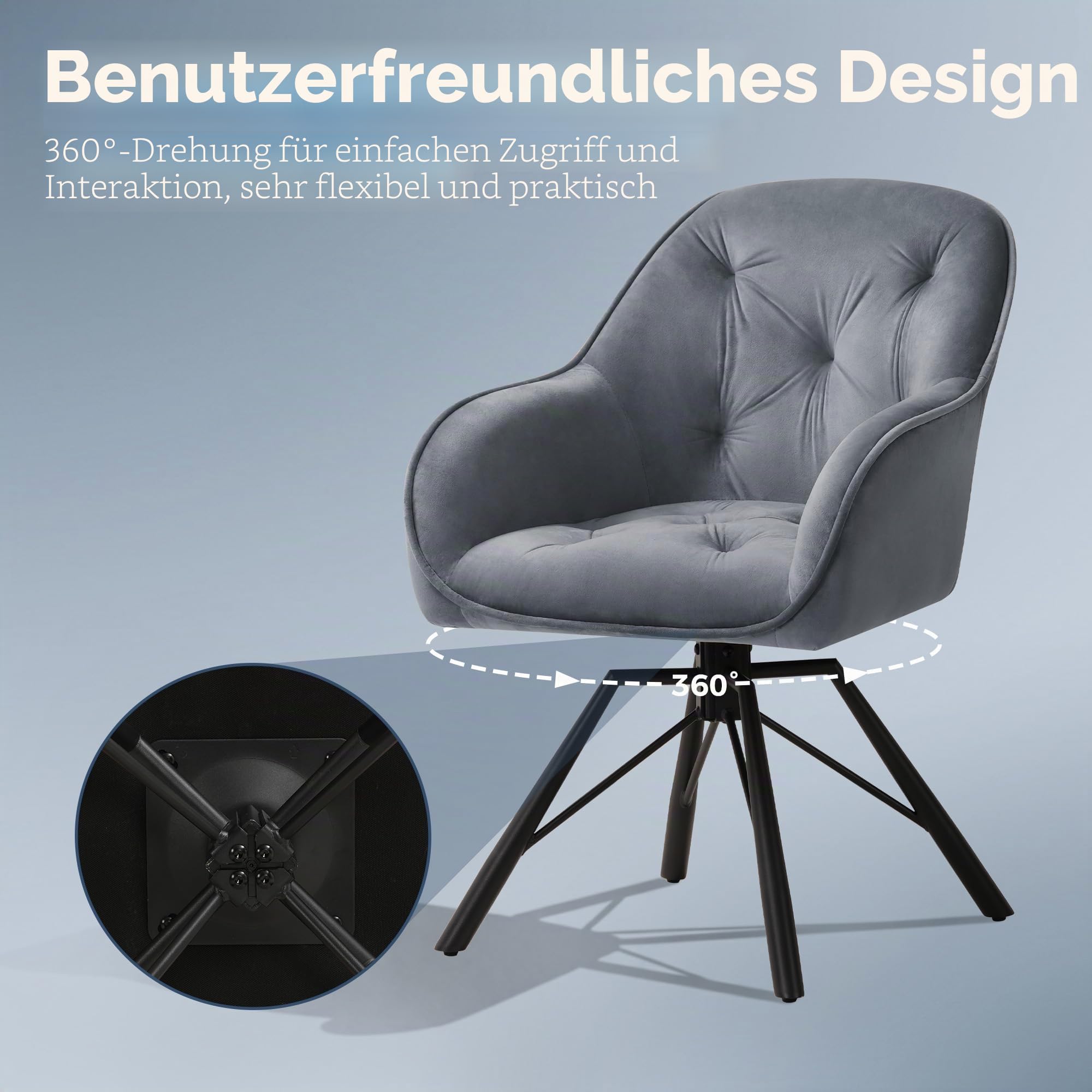 ELUCHANG Esszimmerstühle 4er Set, 360°Drehbar, Mehrschichtiger Dicker Schaumstoff Stuhl mit Hohen Armlehnen, Grau Samt, Gekreuztes Metallgestell bis 150KG Belastbar, für Schlafzimmer Küche Wohnzimmer
