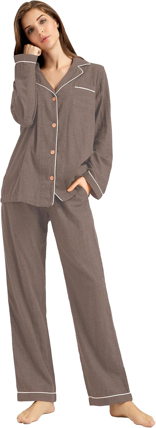 Womens Muslin Pajama Set 100% Cotton Double Gauze Linen Like Breathable Soft Button Up Loungewear Sleepwear PJ Set