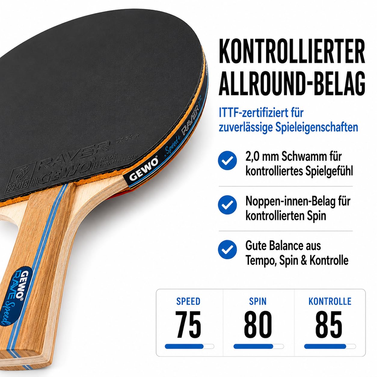 GEWO Rave Speed Tischtennisschläger Set - Kontrollierter Anfänger-Tischtennisschläger mit 3 Bällen - Komplettschläger mit ITTF-Belag, hohe Kontrolle und Geschwindigkeit, konkav, 2mm Dicker Schwamm