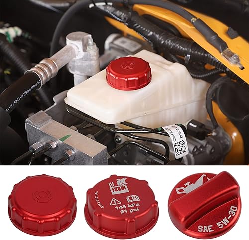 YOCTM Paquete de 3 tapones rojos para depósito de refrigerante del motor + tapa de llenado de aceite + tapa de depósito de cilindro maestro de freno