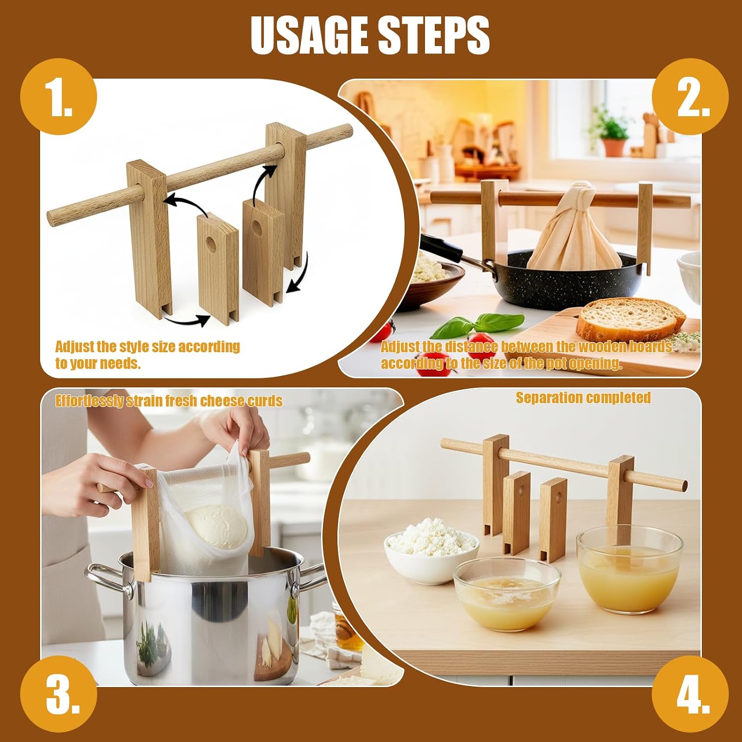 Pot Dripper for Cheese Making, Wooden Cheese Making Kit to Strain Fresh Cheese, Butter and Juice, Adjustable Size Cheese Dripper Tool, Home Cheese Pot Dripper for All Cooking