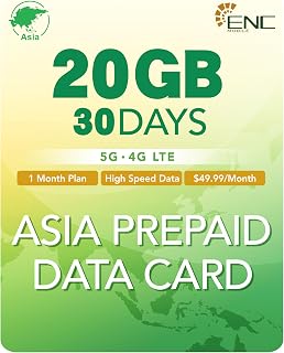 Asia Data Only Sim Card 20GB 30 Days 5G/4G LTE, High Speed China Prepaid Data SIM Card, 3 in 1 Japan Travel Sim Card for 12 Asian Destinations - Korea, Singapore, Thailand, Indonesia, HK