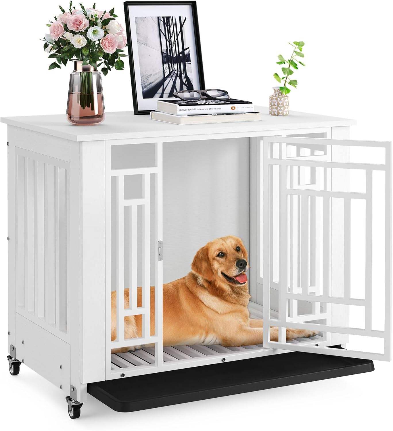 DWVO Dog Crate Furniture with Wheels, 32 Inch Dog Kennel Indoor Heavy Duty End Table Dog Crate for Small Medium Dogs, Decorative Wooden Dog Cage Table with Removable Tray, Chew-Resistant, White