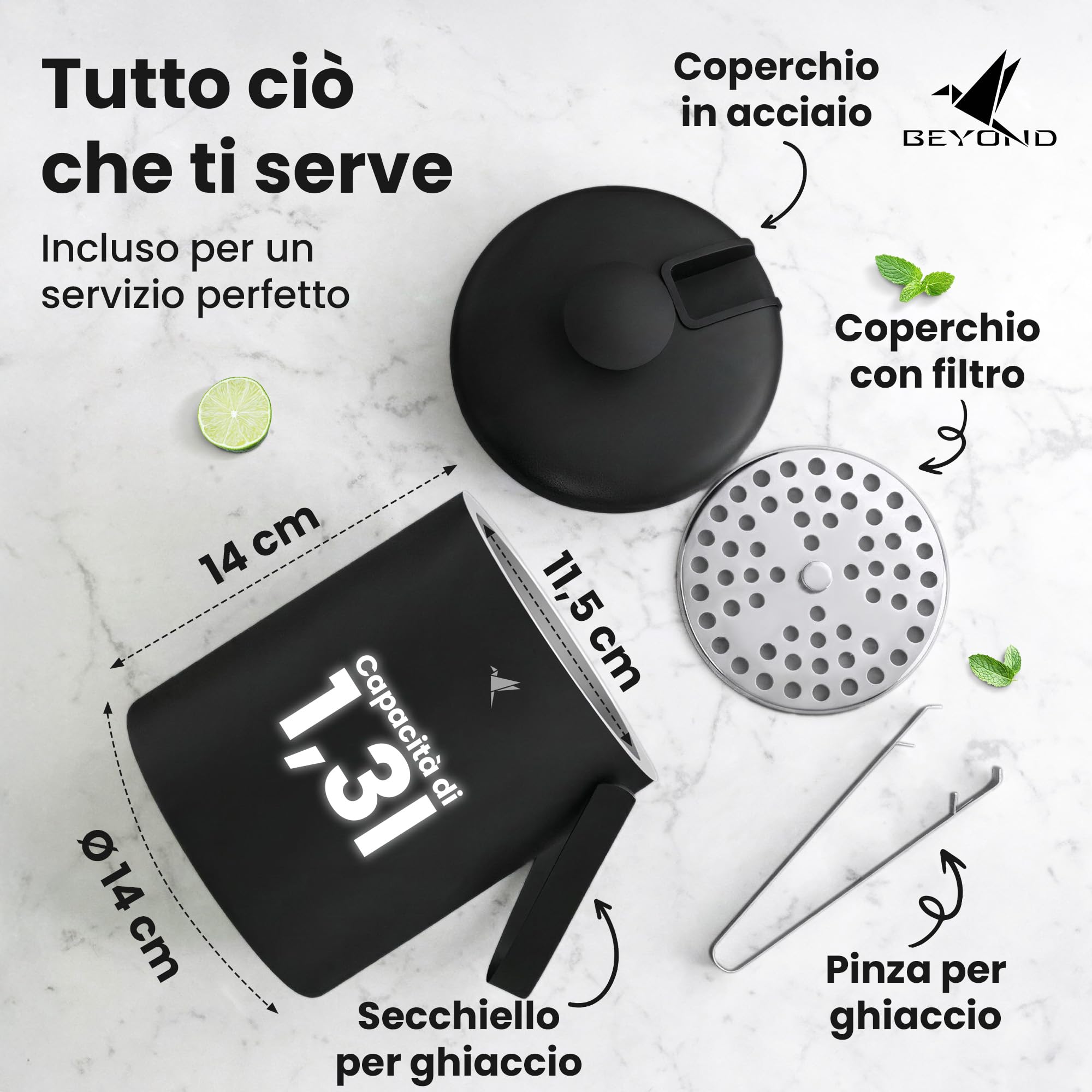 Beyond Secchiello per Ghiaccio con Coperchio e Pinza in Acciaio Inox – Porta Ghiaccio Secchiello Refrigerante Doppia Parete 1,3 Litri, Secchio Ghiaccio, Contenitore per Cubetti di Ghiaccio – Nero