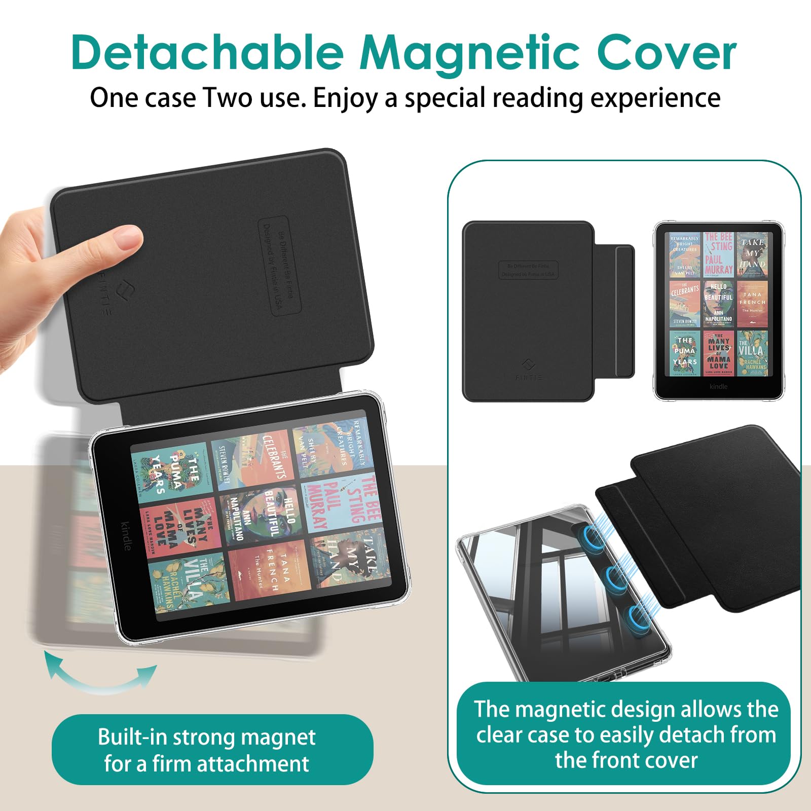 FINTIE Coque Magnétique Détachable pour 7" Kindle Paperwhite (12e Génération, 2024) et Kindle Colorsoft (1re Génération, 2025/2024), Étui Transparent Antichoc avec Bord TPU, Noir