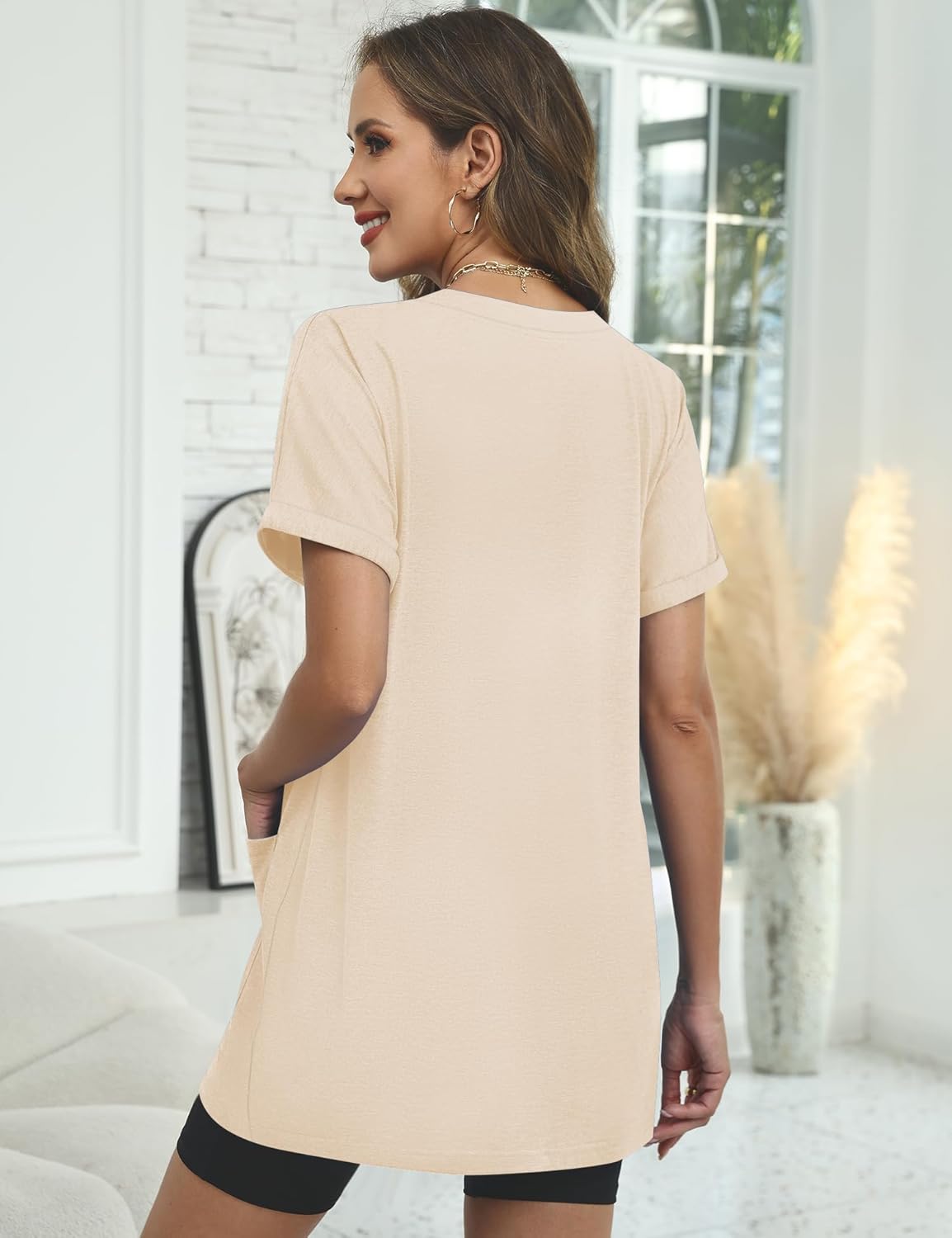 Rapbin Womens Tunics or Tops to Wear with Leggings Short Sleeve V Neck Long T-Shirts with Pockets 2026 Spring Shirts - Image 4