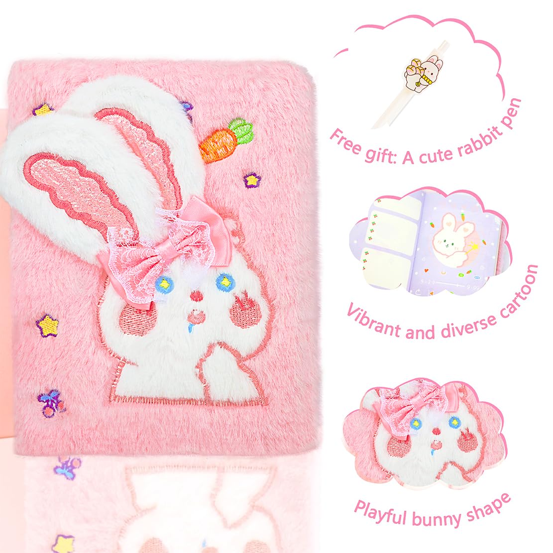 Bwvjozyr pink Plush Rabbit Diary for Girls Journal for Ages Teens 12+ Girls with a Rabbit Pen Present Secret Keeper Cute Writing Drawing Set Creative Learning Travel notebook Birthday Gift image 4