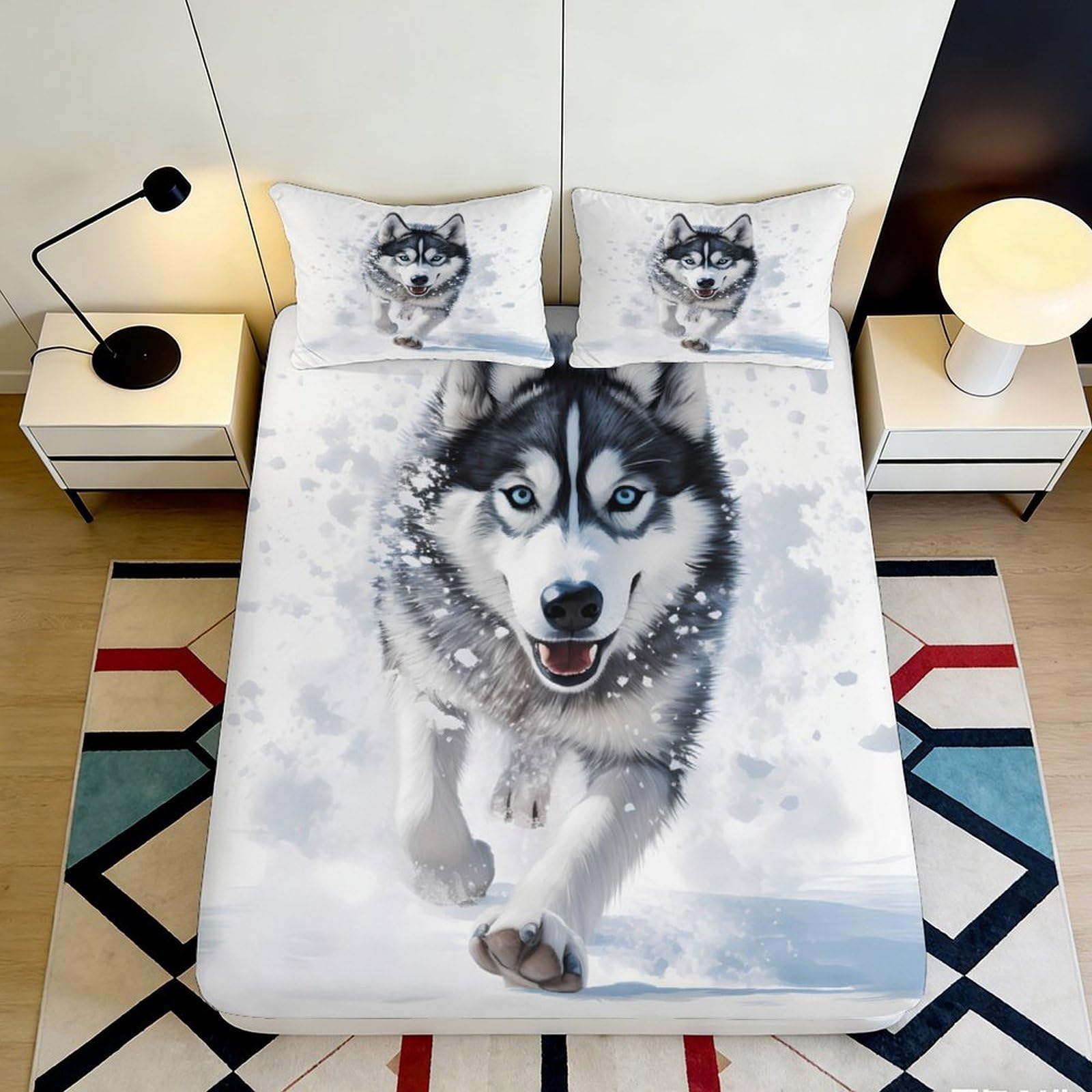 3D Printed Siberian Husky Fitted Sheet Microfiber Soft Breathable Snow Pattern Bed Cover for Bedroom Dormitory Guest Room Mattress Protection 120x200x25cm