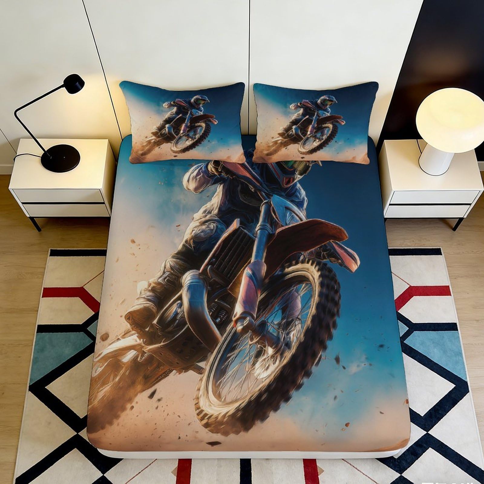 3D Printed Motocross Racing Fitted Sheet Microfiber Soft Dirt Bike Mattress Cover for Bedroom Dorm Mattress Protection Decor 160x200x25cm