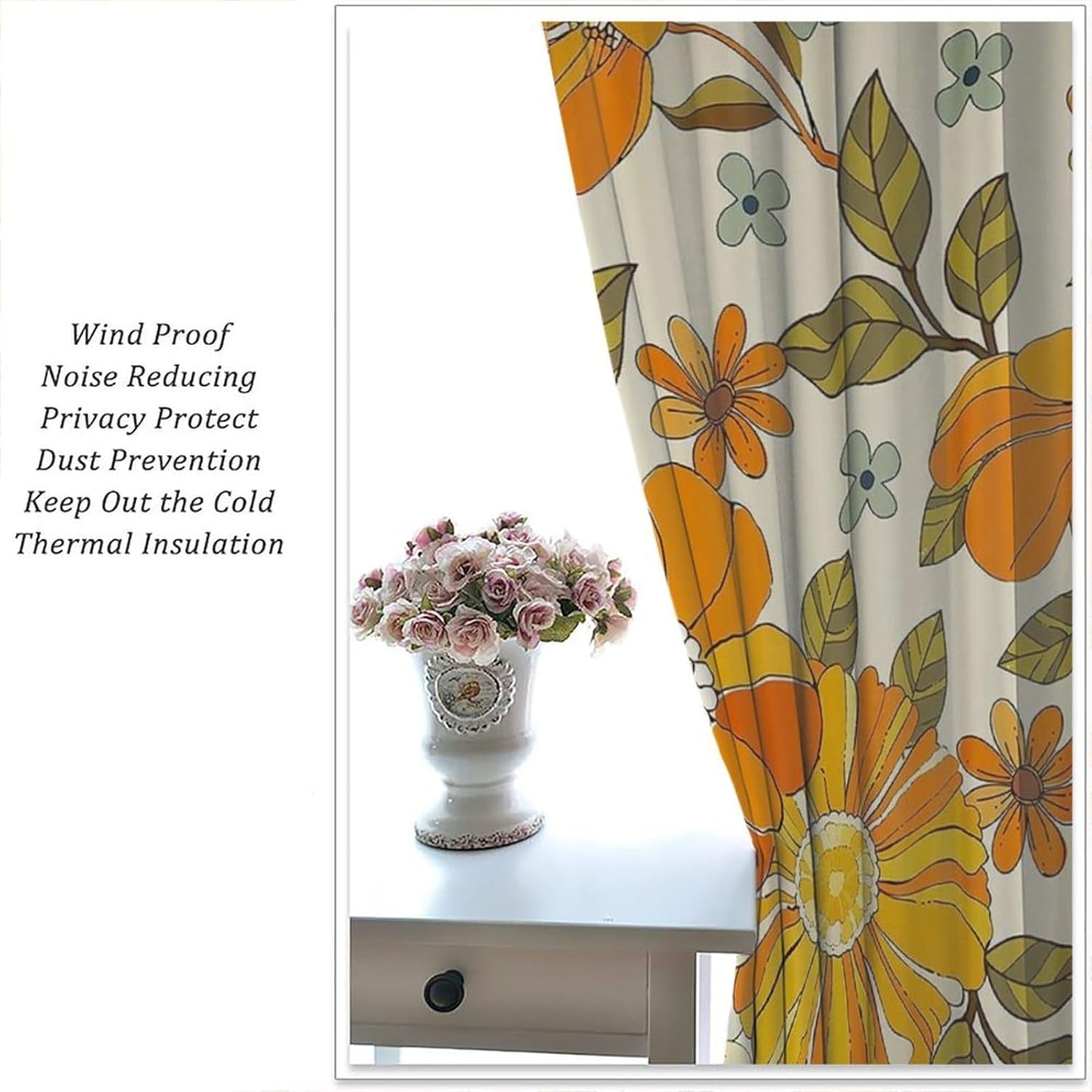 Retro 70s Floral Curtains Orange Daisy Flower Mid Century Pattern Rod Pocket Drapes Curtain for Living Room Home 52x84 Inches Blackout