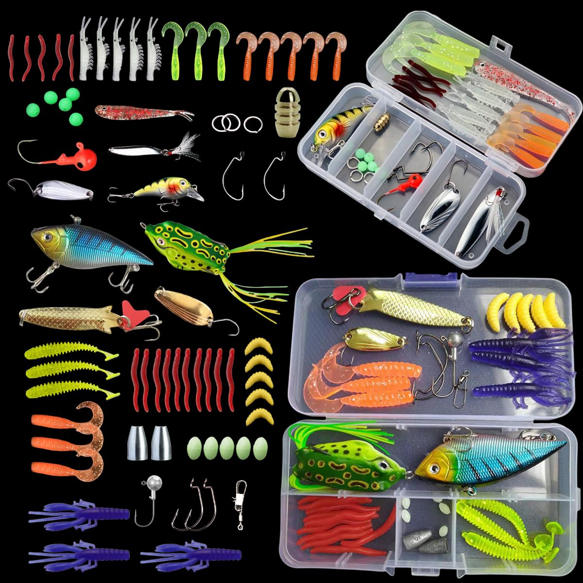 40 señuelos de pesca que incluyen crankbaits, spinnerbaits, gusanos de plástico, jigs, señuelos de superficie, caja de aparejos y más kit de señuelos de pesca, 40 piezas