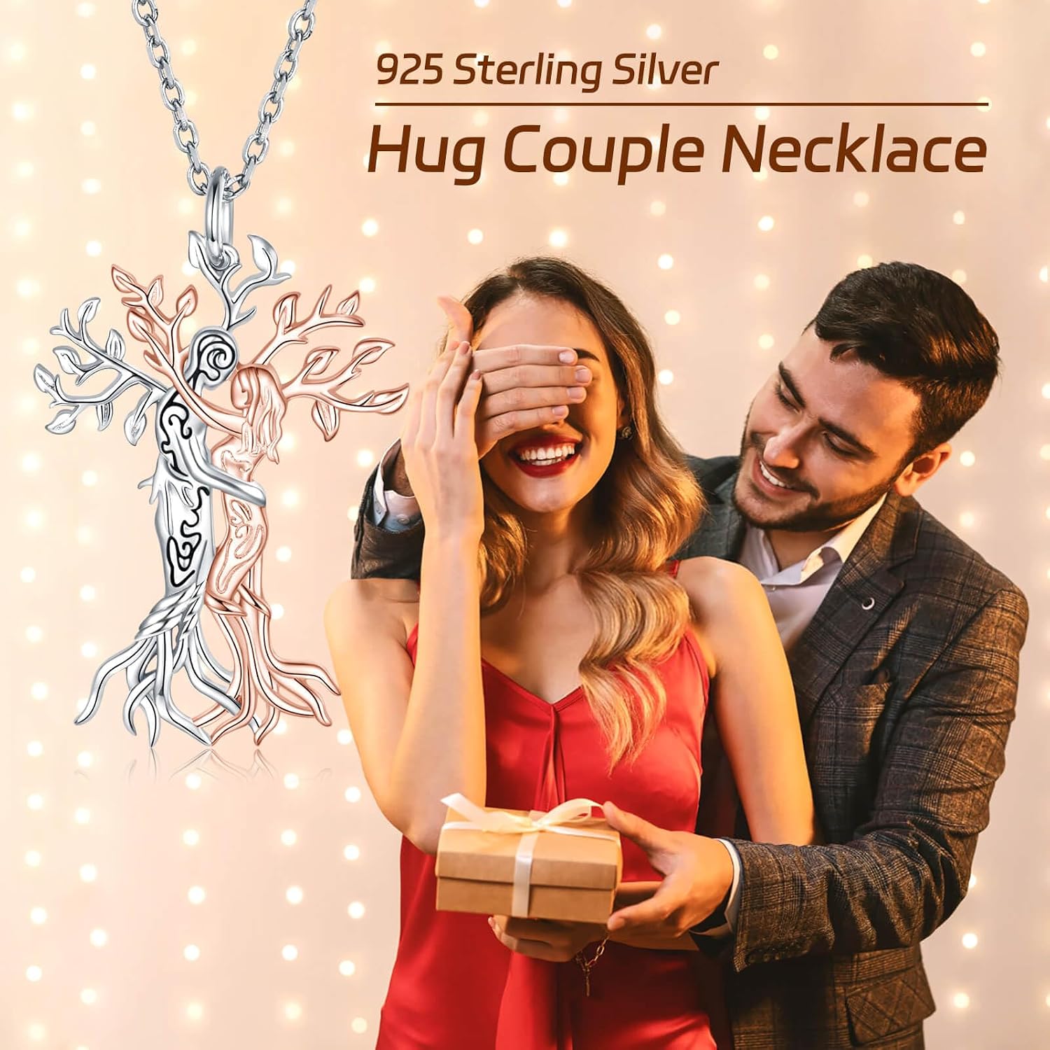 Hug Couple Necklace for Women - 925 Sterling Silver Tree of Life Pendant Lovers Embrace Jewelry Gifts for Wife Girlfriend, Him and Her