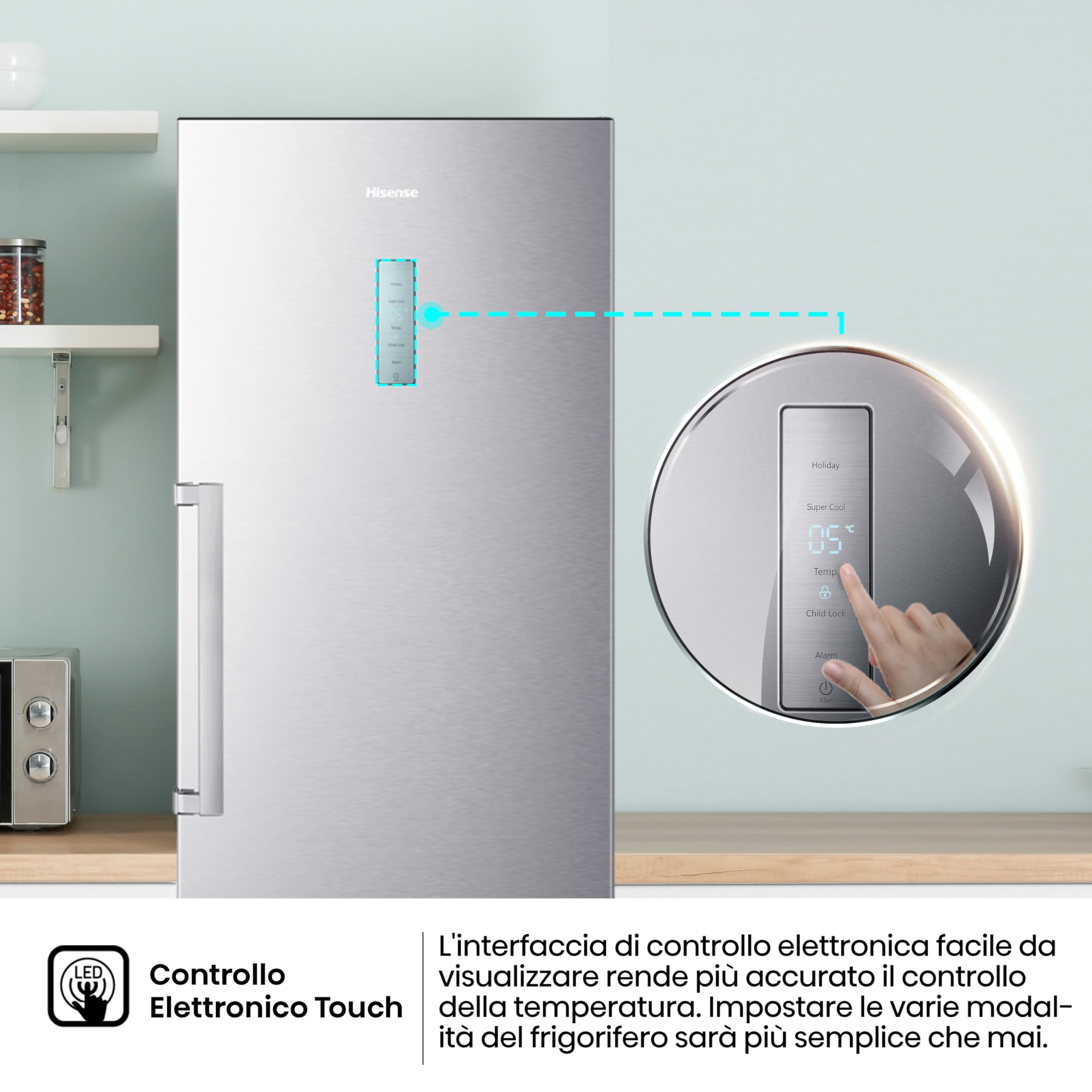 Hisense RL481N4BIE, Frigorifero Monoporta, Capacità 370 L, Inox, Total No Frost, Classe Energetica E, Altezza 185.5 cm, Larghezza 59.5 cm, Profondità 69.1 cm