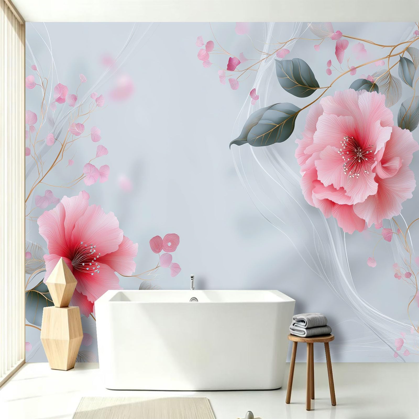 Générique Tapeta ścienna do salonu - kwiatowe płatki piwonii - 300x210cm Panoramiczna tapeta z włókniny, botaniczne linie falowane dekoracje ścienne 3D gobelin fotograficzny