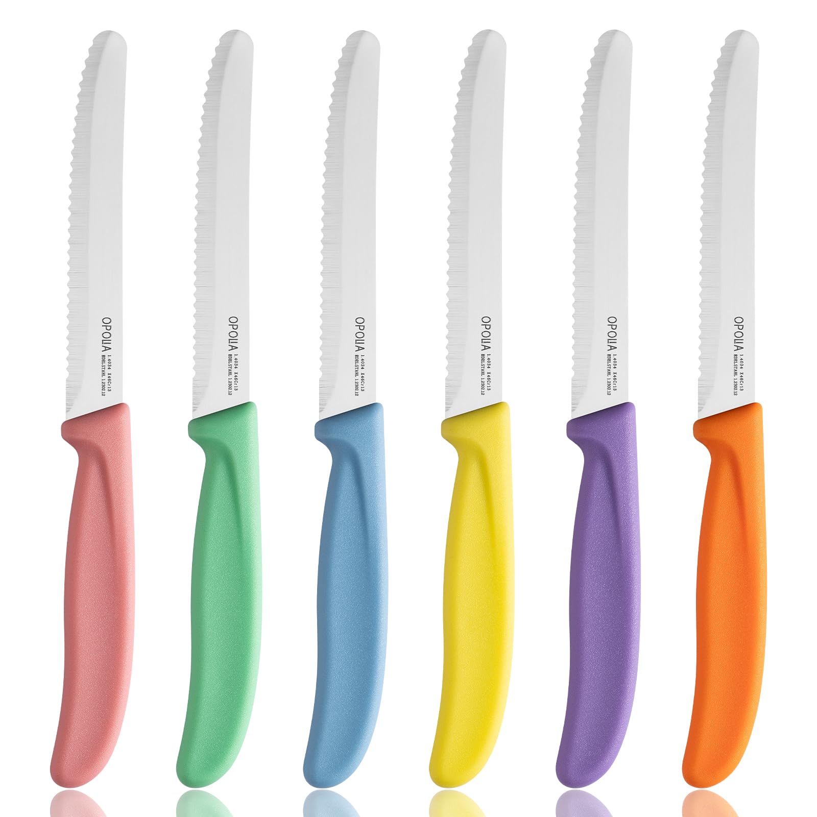 Small Serrated Kitchen Knives Set of 6 , Sharp Stainless Steel Tomato Knife, Dinner Knife, Utility Knives, Ergonomic Handle Paring Knives for Vegetable and Fruits, 10cm, Dishwasher Safe, Colorful
