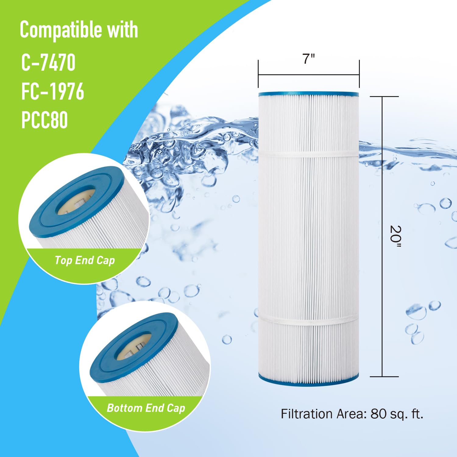 BLUEFLO Pool Filter Cartridge Replace for C-7470, CCP320, PCC80, Clean and Clear Plus 320, Filbur FC-1976, R173573, 178580, 817-0081, Wtaerway Crystal Water, 20” x 7”, 4 Pack