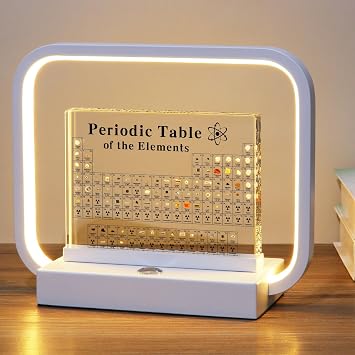 Periodic Table with Real Elements Inside - 83 Kinds of Real Elements & Acrylic Display Stand,with Dimmable Modern LED Desk Lamp for Teachers Students,Square White