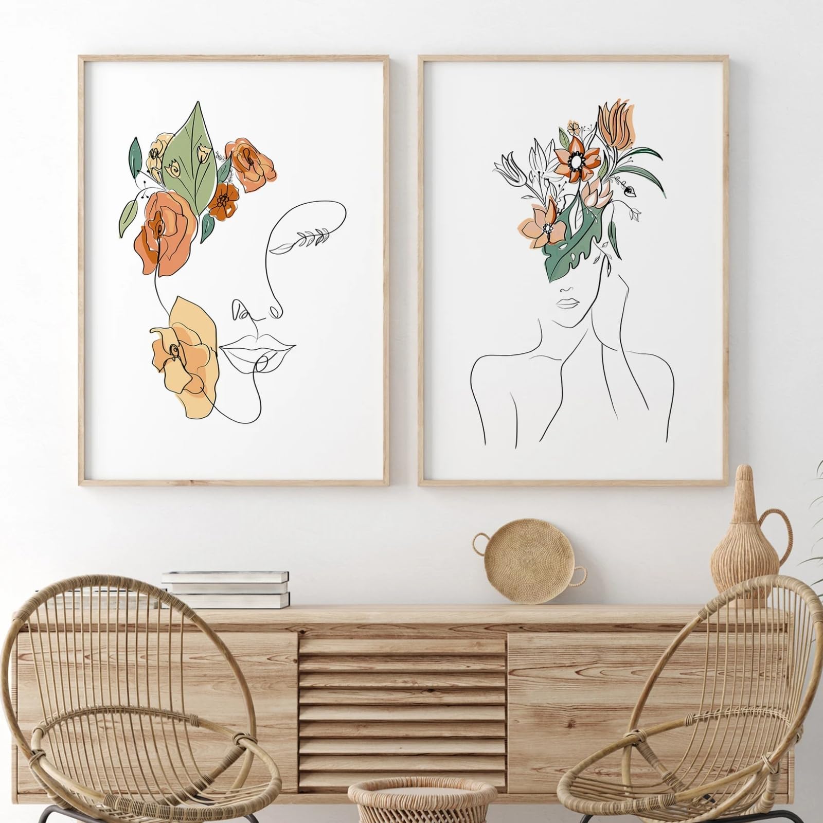 ZBELLO Set of 2 Posters, 2D Flat, Abstract Line Art of A Girl on Canvas, Colourful Leaves, Suitable for Living Rooms, Bedrooms and Offices, Frameless (21x30cm)