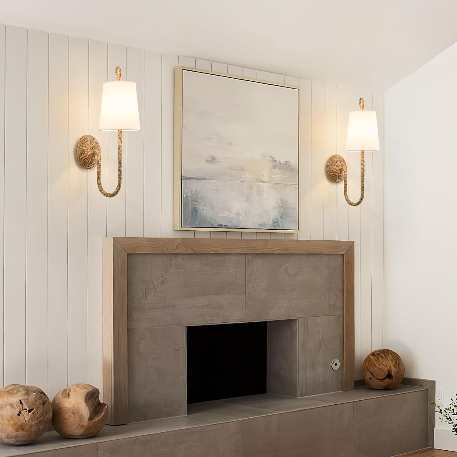 Boho Coastal Rattan Wall Sconce - Set of 2 Bohemian Beachy Nautical Sconces - Natural Wicker Woven Light Fixture with White Fabric Scalloped Shade for Bedroom Living Bathroom Vanity Hallway Decor