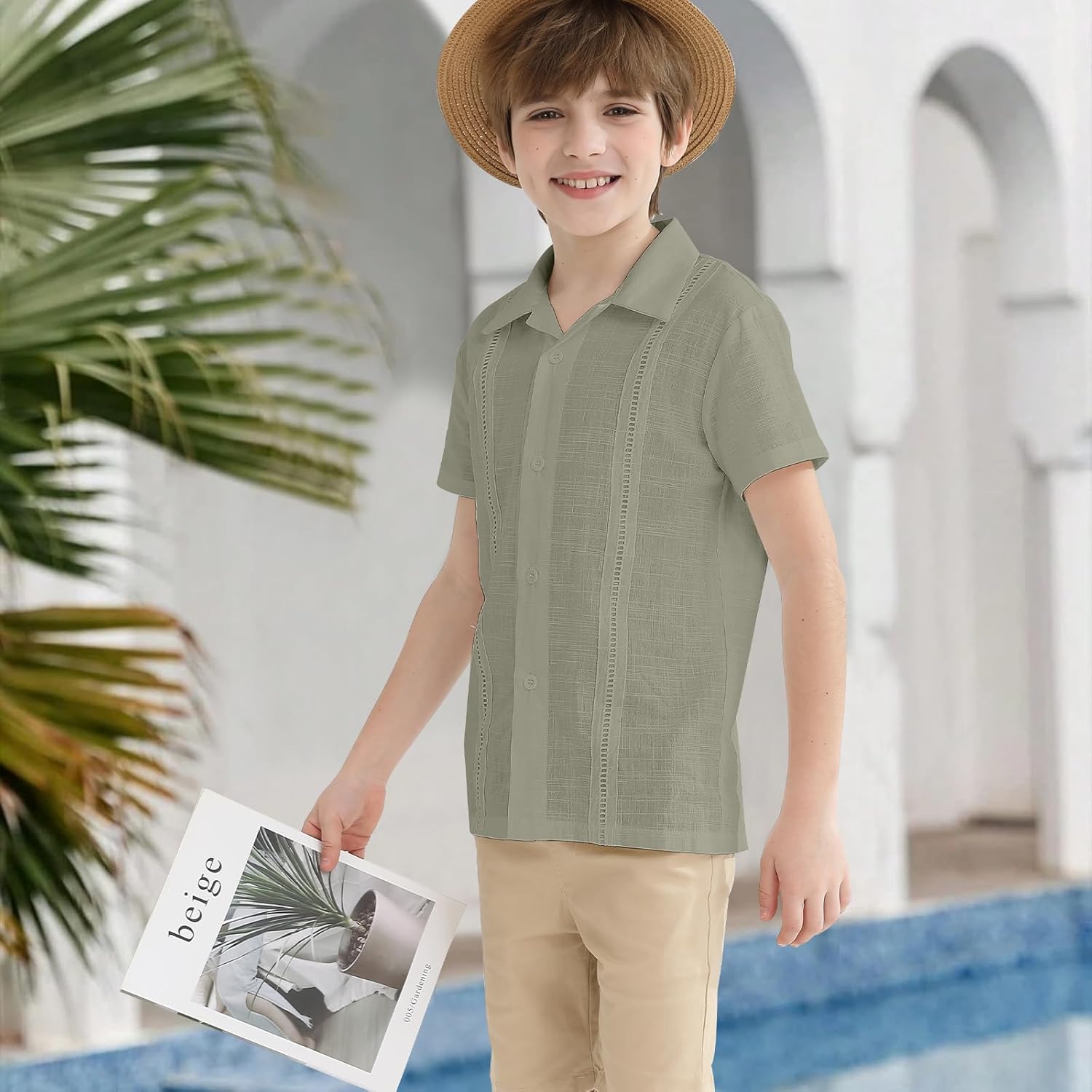 OEBLD Boys Cuban Guayabera Shirt Short Sleeve Button Down Shirts V Neck Cotton Linen Shirts - Image 3