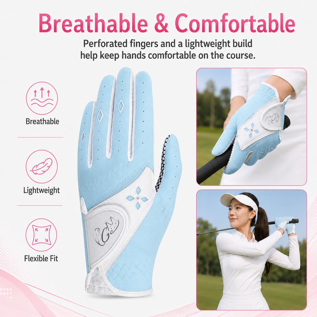 Guantes de Golf para Mujer PGM, Sistema de Agarre Mejorado, Fresco y Cómodo