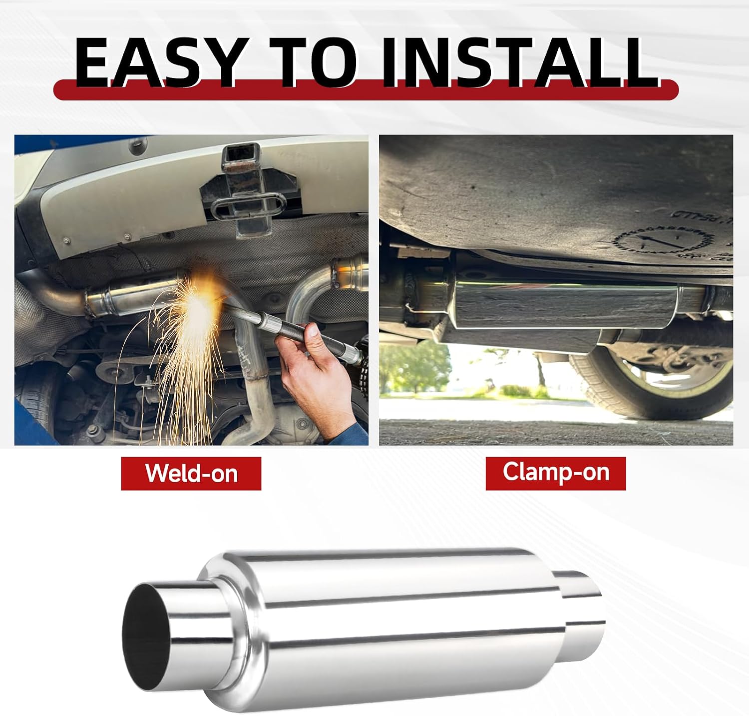 LCGP 2.5" Inlet Universal Resonator Muffler, 2.5" Outlet 13.77" Overall Length Stainless Steel High Performance Muffler, Polished, Pass-Thru Design 2pack