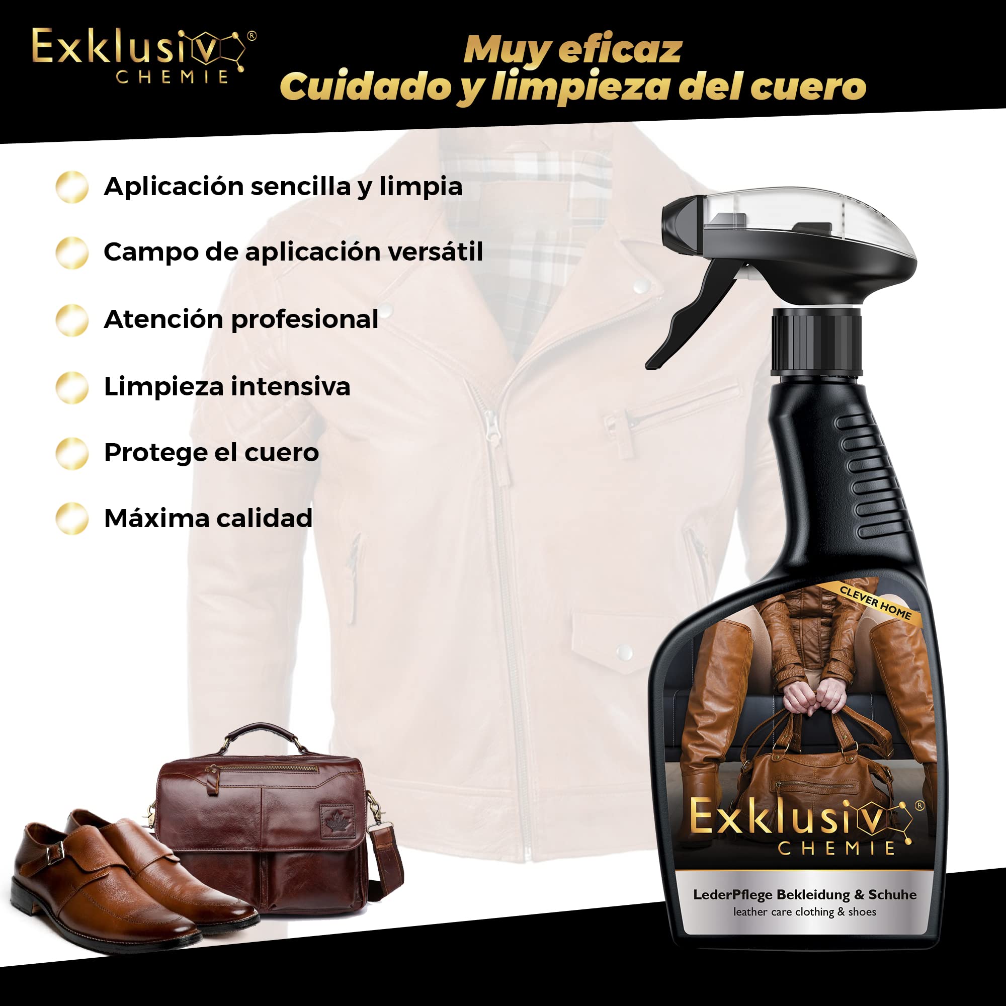 Exklusiv Chemie® Cuidado de la piel Ropa y calzado | Cuidado del cuero para ropa y zapatos de cuero | Spray para el cuidado del cuero | Limpiador de cuero | 500 ml | Para chaquetas de cuero, zapatos de cuero y bolsos de cuero