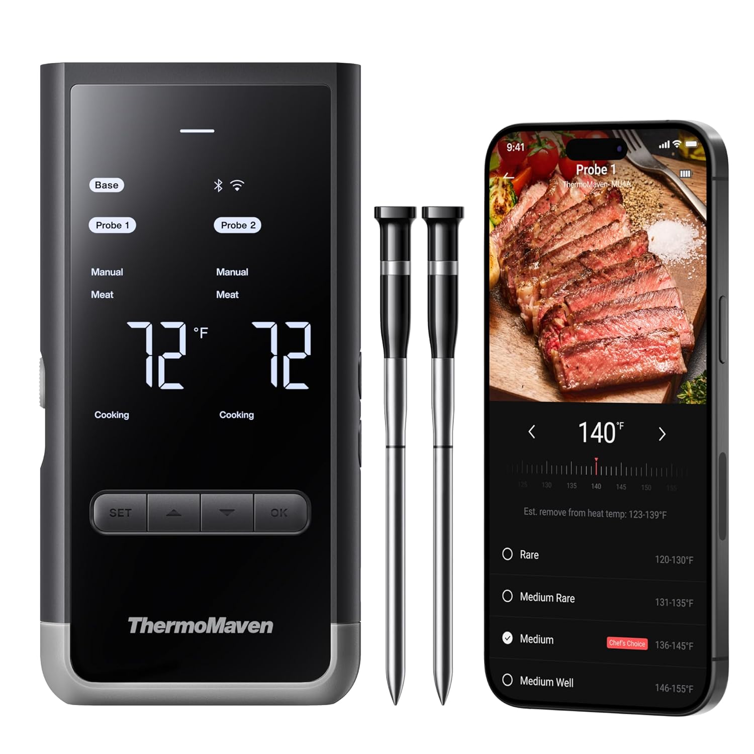 ThermoMaven Silver Wireless Smart Meat Thermometer: Standalone Display, Unlimited WiFi Range, 6 Sensors for Accurate Cooking with Dual Probes