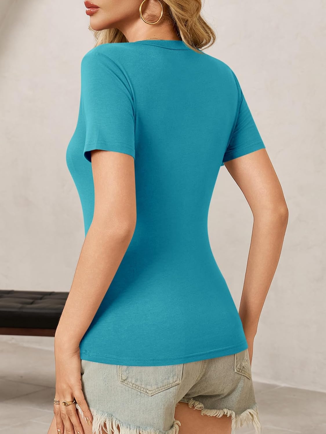 Womens Summer Sexy Short Sleeve Tshirt Tops Deep V Neck Shirts Casual Slim Fit Basic T-Shirt Tee - Image 5