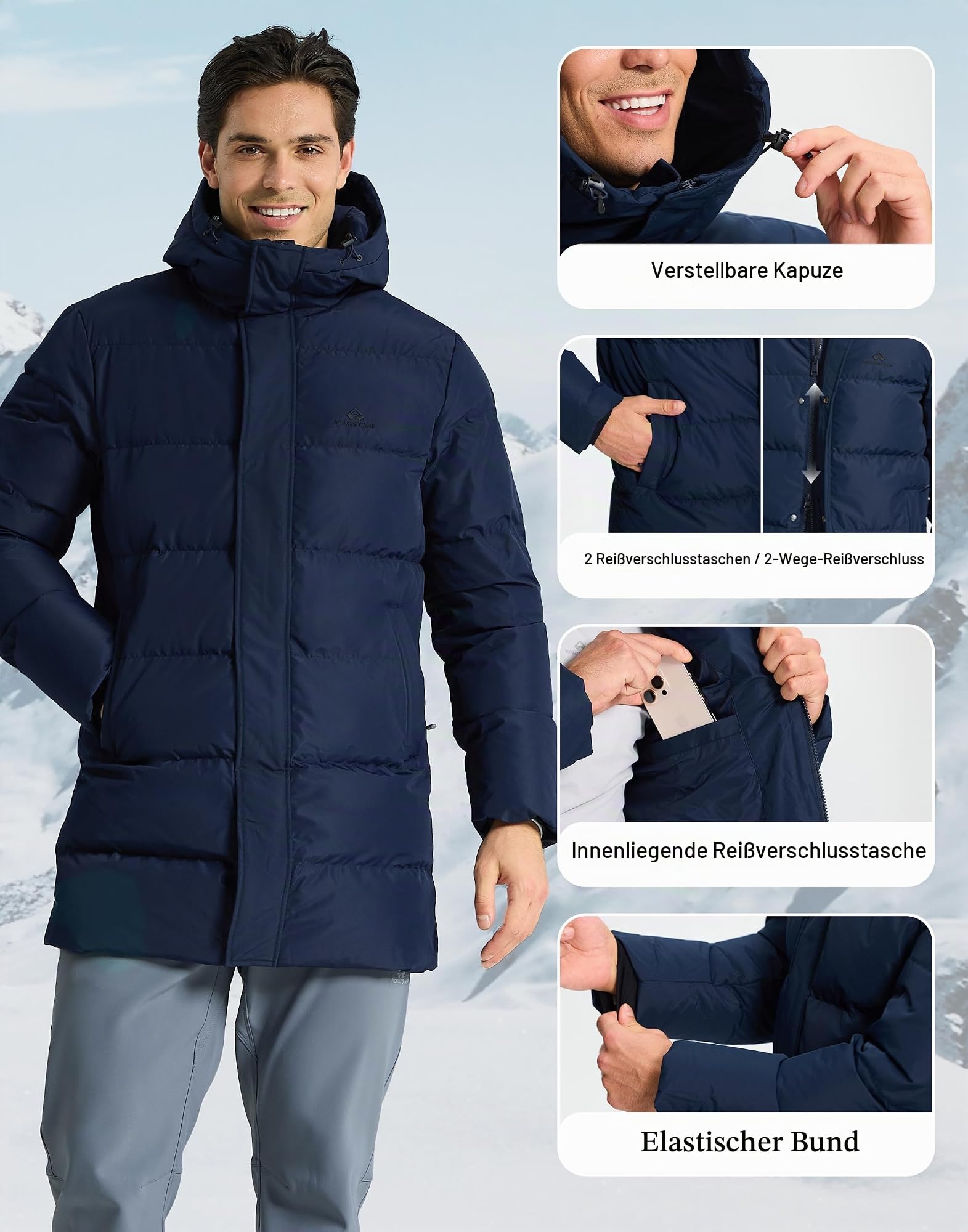 Pioneer Camp Herren Daunenjacke Lang Warme Winddicht Wasserdicht Übergangsjacke, Dick Gefüttert Winterjacke mit Taschen Parka Jacke Outdoor Puffer Jacket mit Kapuze（Navy,M