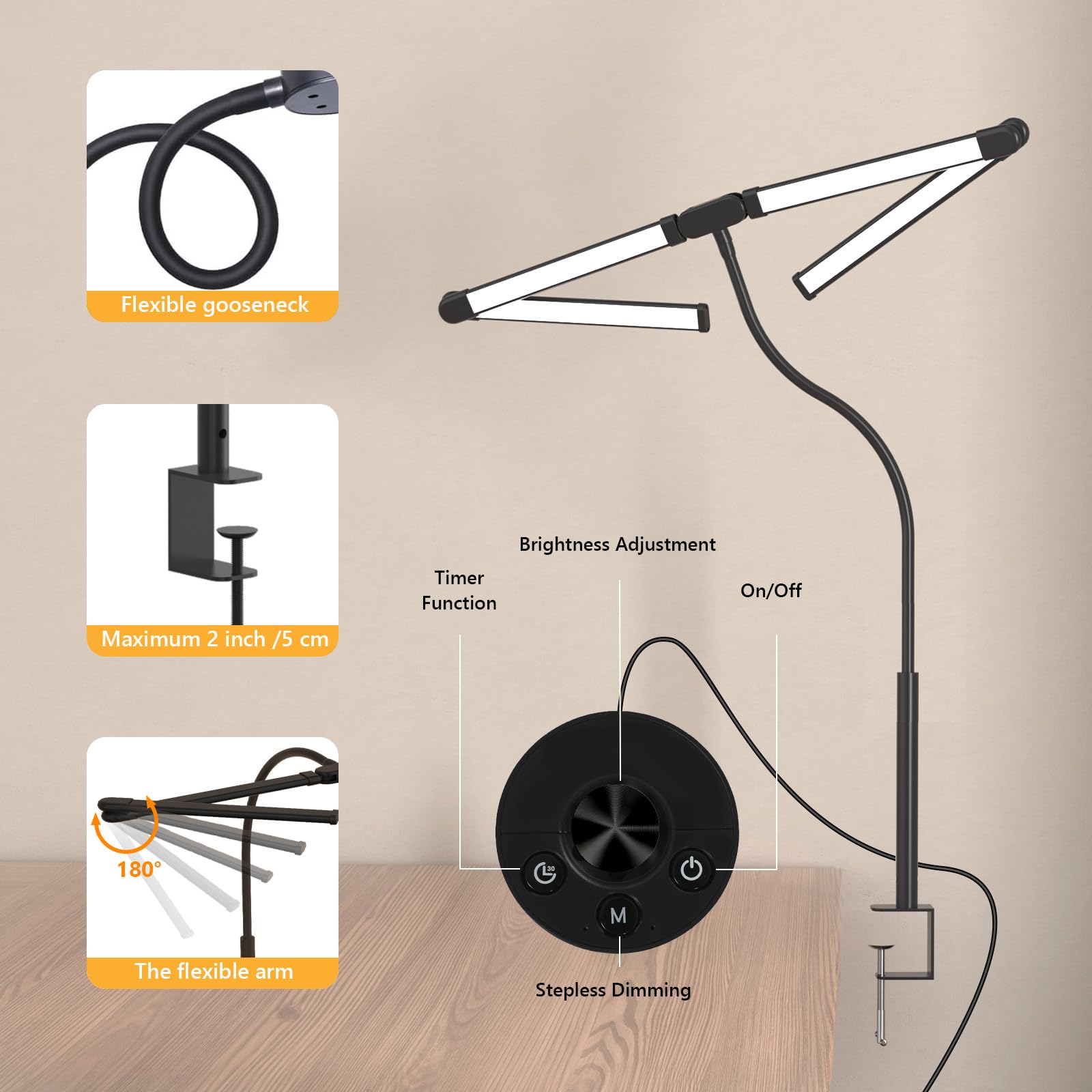Comely Schreibtischlampe LED Dimmbar 24W, 120cm 2750LM Schreibtischlampen, 4-Led Schreibtischlampe Klemmbar mit 5 Farbtemperatur, Arbeitsplatzleuchte mit 10 Helligkeitsstufen, Schwarz
