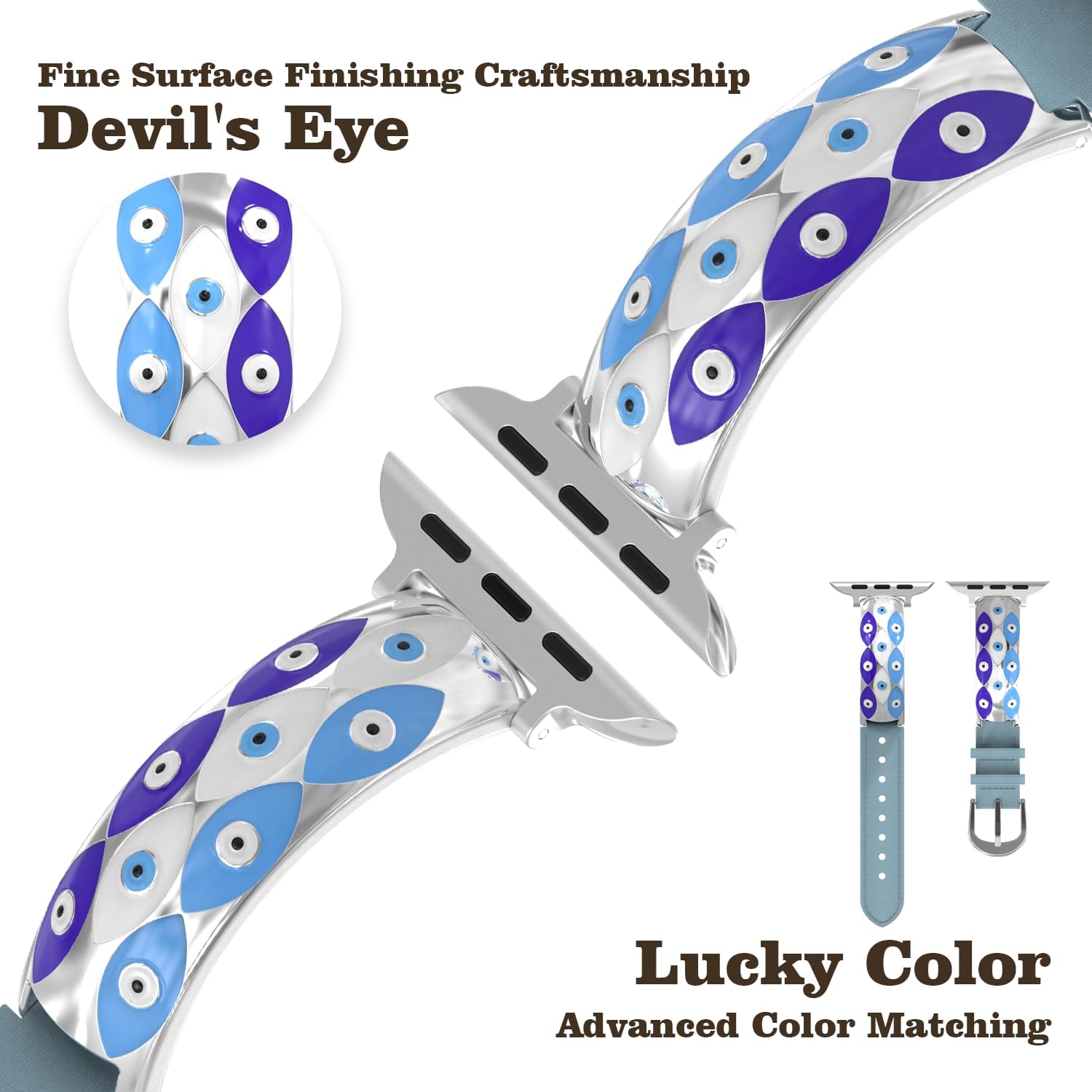 Strap Compatible with Apple Watch Band Suitable for Women 40mm 41mm 38mm 42mm 44mm 45mm 46mm 49mm Stainless Steel Eyes Pattern Carving and Leather Strap for iWatch series 10 9 8 7 6 5 4 3 2 SE Ultra