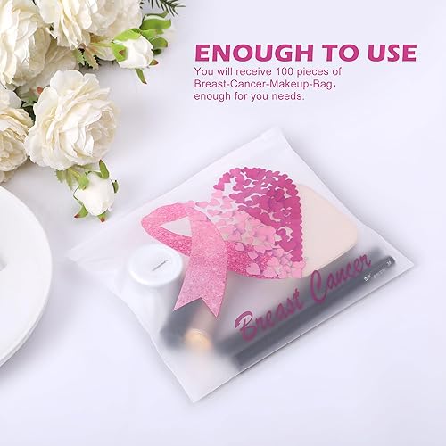 Miniatura 5 de 100 bolsas de maquillaje para concientización sobre el cáncer de mama, bolsas de cosméticos impermeables con cinta rosa con cremallera, bolsas de