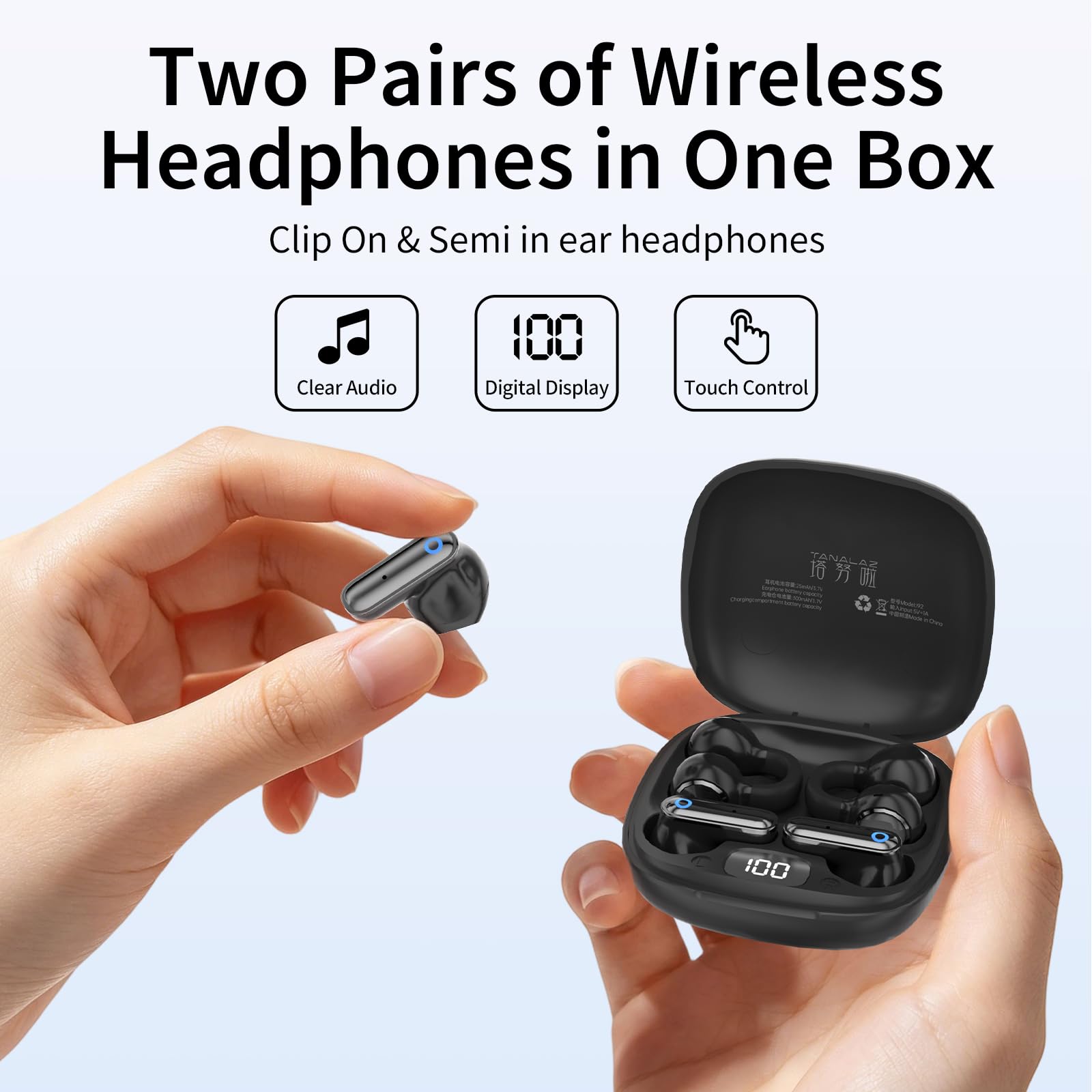 Set di auricolari wireless 2-in-1 i92, combinazione di auricolari open-ear a clip e auricolari semi-intrauricolari a stelo corto, auricolari Bluetooth 6.0 con custodia di ricarica portatile