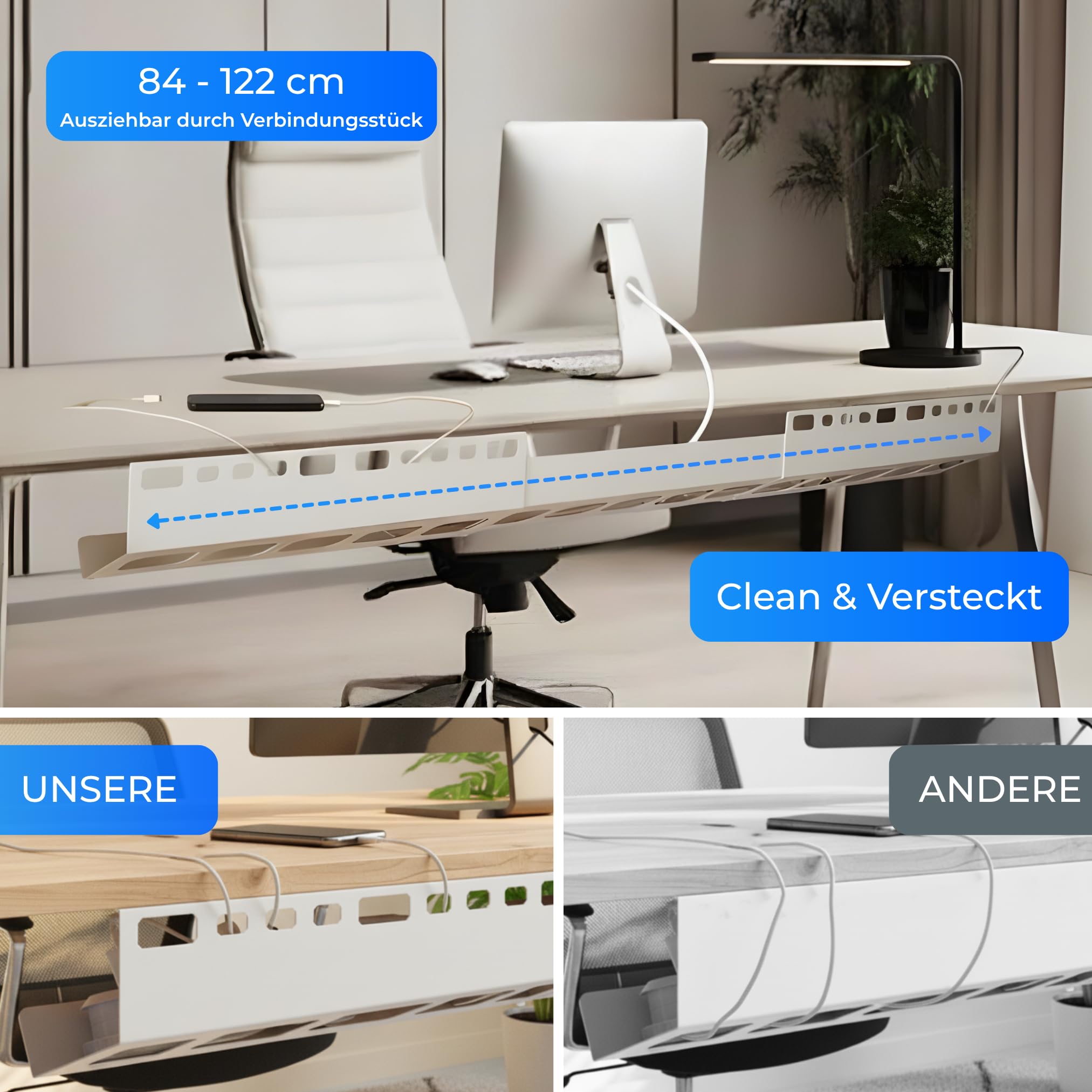 2GOODz Canalina per cavi da scrivania, inclinata/estensibile, 84-122 cm | Facile accesso: montaggio semplice, acciaio stabile, con accessori