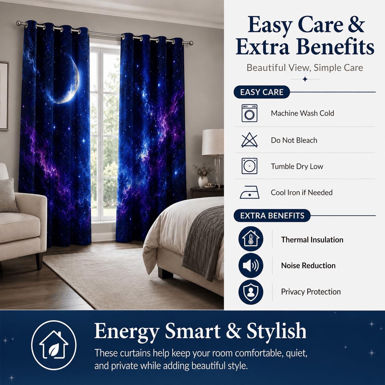 Tende Oscuranti Cielo stellato 3D con Occhielli, 2 Pezzi, 117x137 cm | Tende Termiche Isolanti Luna, Ideali per Camera da Letto, Soggiorno e Cucina, Morbide e Decorative