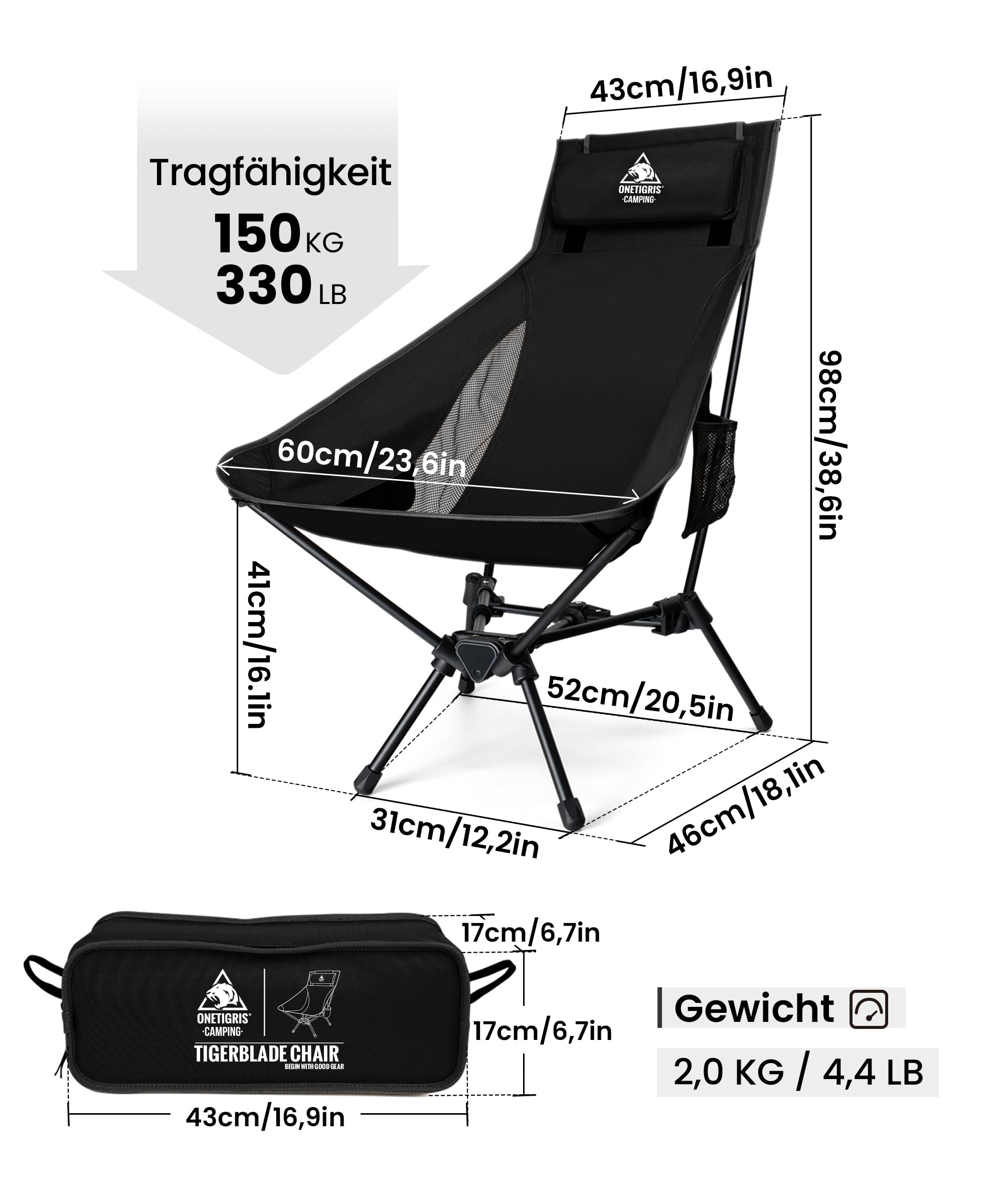 OneTigris TIGERBLADE Silla de camping plegable con respaldo alto, 170 kg, silla plegable para camping, ligera, marco triangular, silla plegable con 2 bolsillos laterales, silla plegable ultraligera