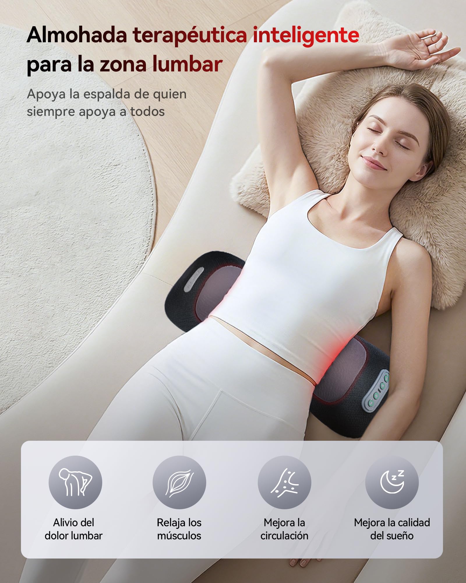 FliKEZE 4 en 1 Cojín de Masaje Lumbar con Luz Roja 5000mAh | Cojín de masaje inalámbrico y recargable con calor, vibración y soporte de aire para uso en casa, oficina y viaje