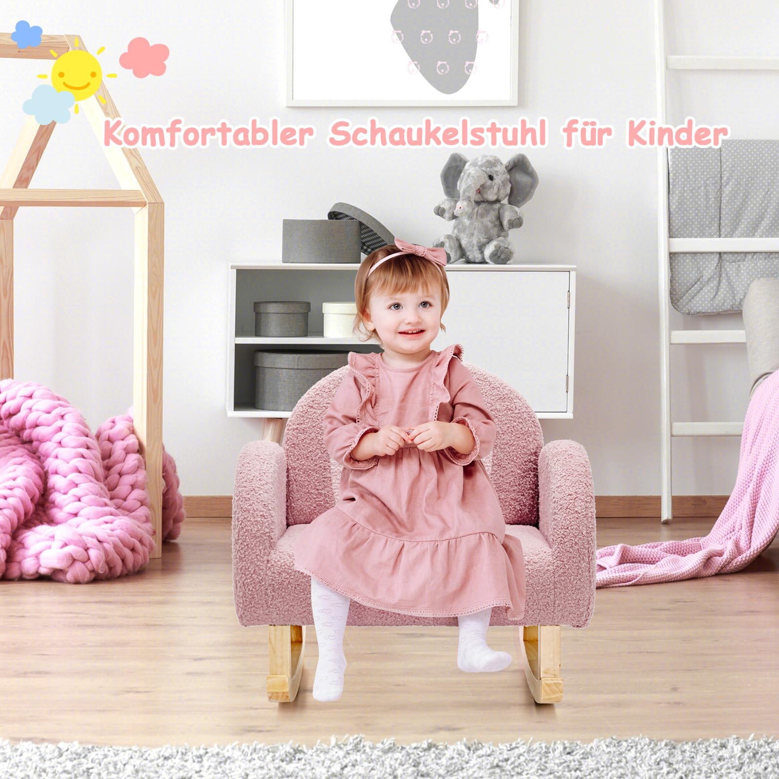 COSTWAY Kindersessel für Kleinkinder, gepolsterter Kindersofa Schaukelstuhl mit Massivholzbeinen, Schaukelsessel Kinderstuhl für Kinderzimmer, Spielzimmer & Kindergarten (Schaukelstuhl, Rosa)