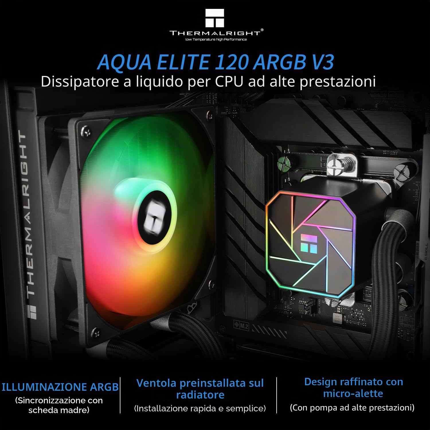 Thermalright AQUA ELITE 120 V3 Refrigeratore di processore a liquido, 120 file di raffreddamento, ventilatore PWM da 120 mm, per AM4/AM5, Intel LGA1150/1151/1155/1156/1200/1700/1851