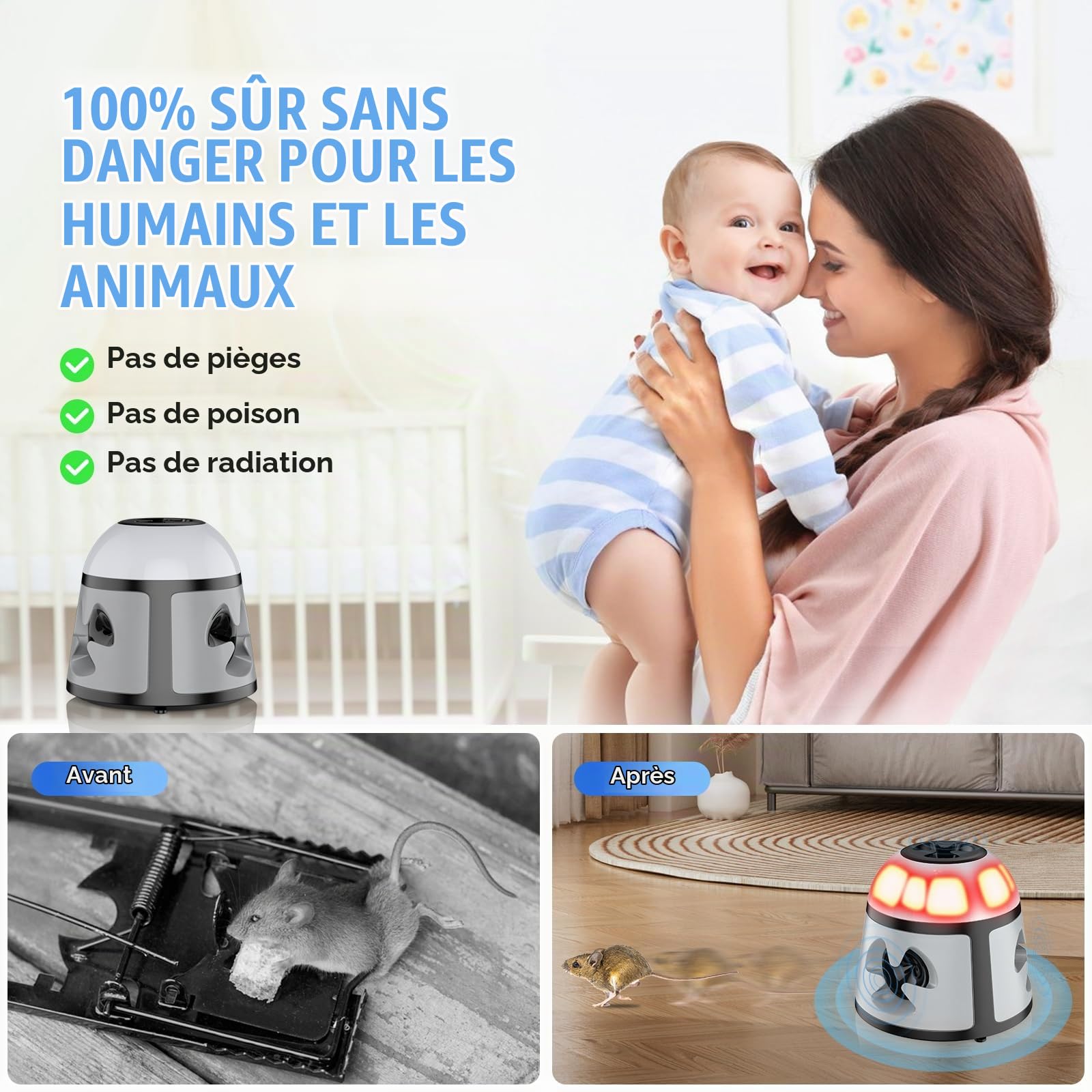 Ultrason Souris et Rats 360°, 4 Modes Répulsif Souris avec Lumière Clignotante, 200 M² Répulsifs Anti-Taupes Anti Souris Plug in, Extérieur Intérieur pour Rongeurs, Araignées, Cafards, Mites