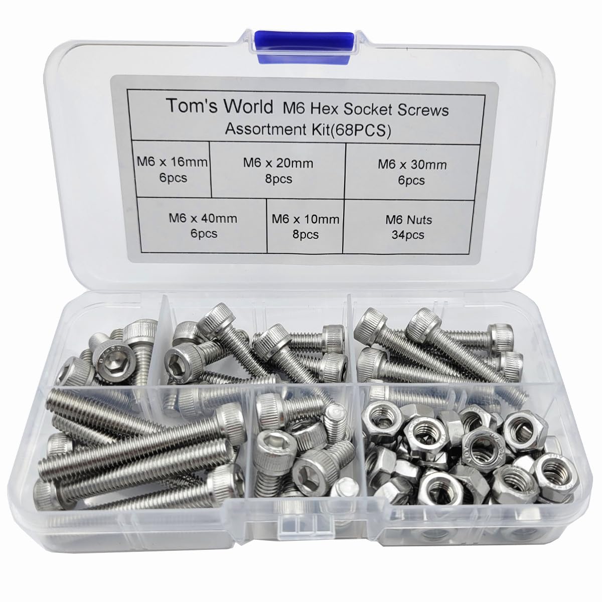 M6 Hex Socket Head Cap Bolts Nuts Screws Assortment Set 304 Stainless Steel Screws M6*10mm/16mm/20mm/30mm/40mm