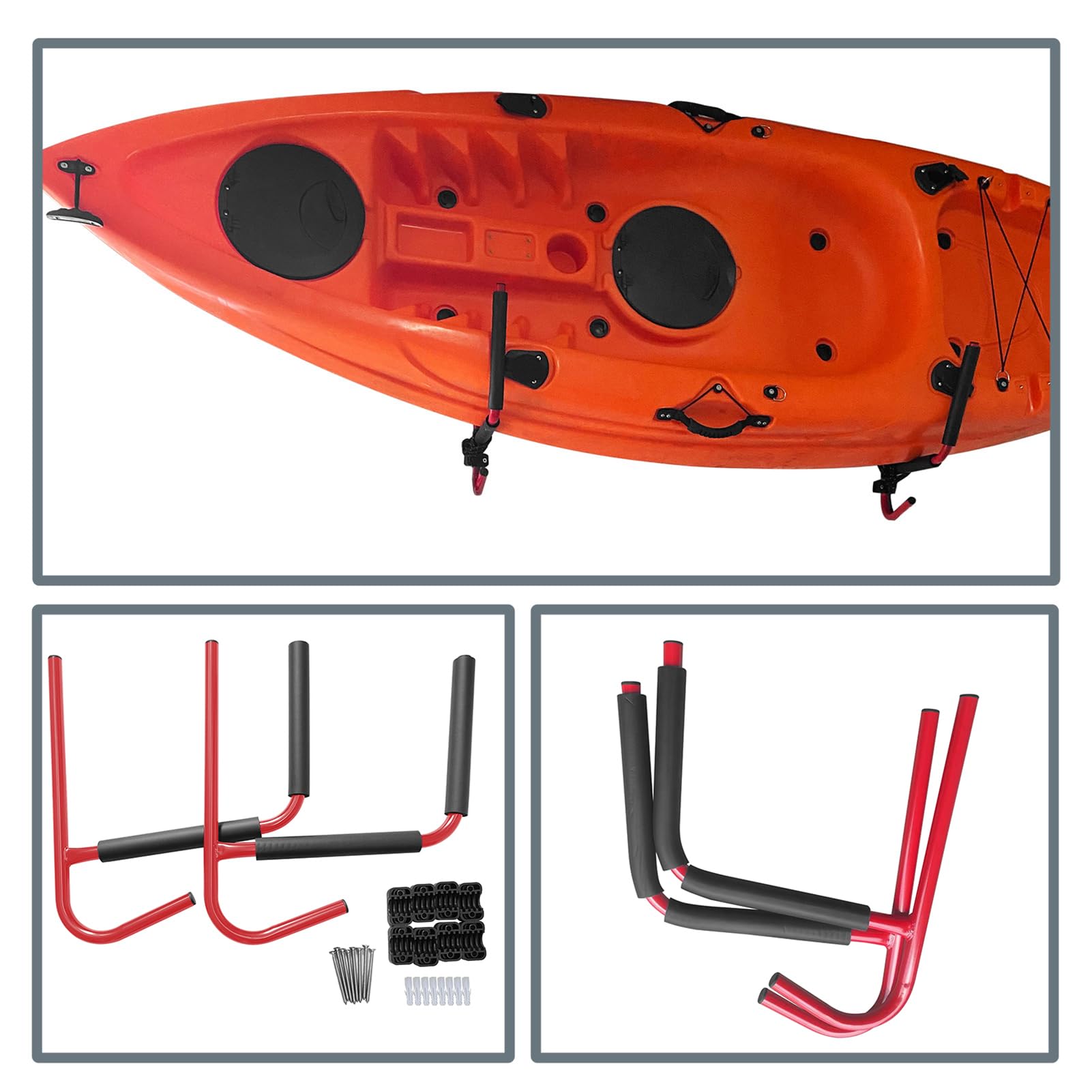HURRISE Kayak Wall Hanger, Securely Store Kayak Wall Mount, Smooth, Upper Cradle Arms, Lower Hooks, Inside or Outside Use, Easily Access, for Paddle and Accessories (Red)