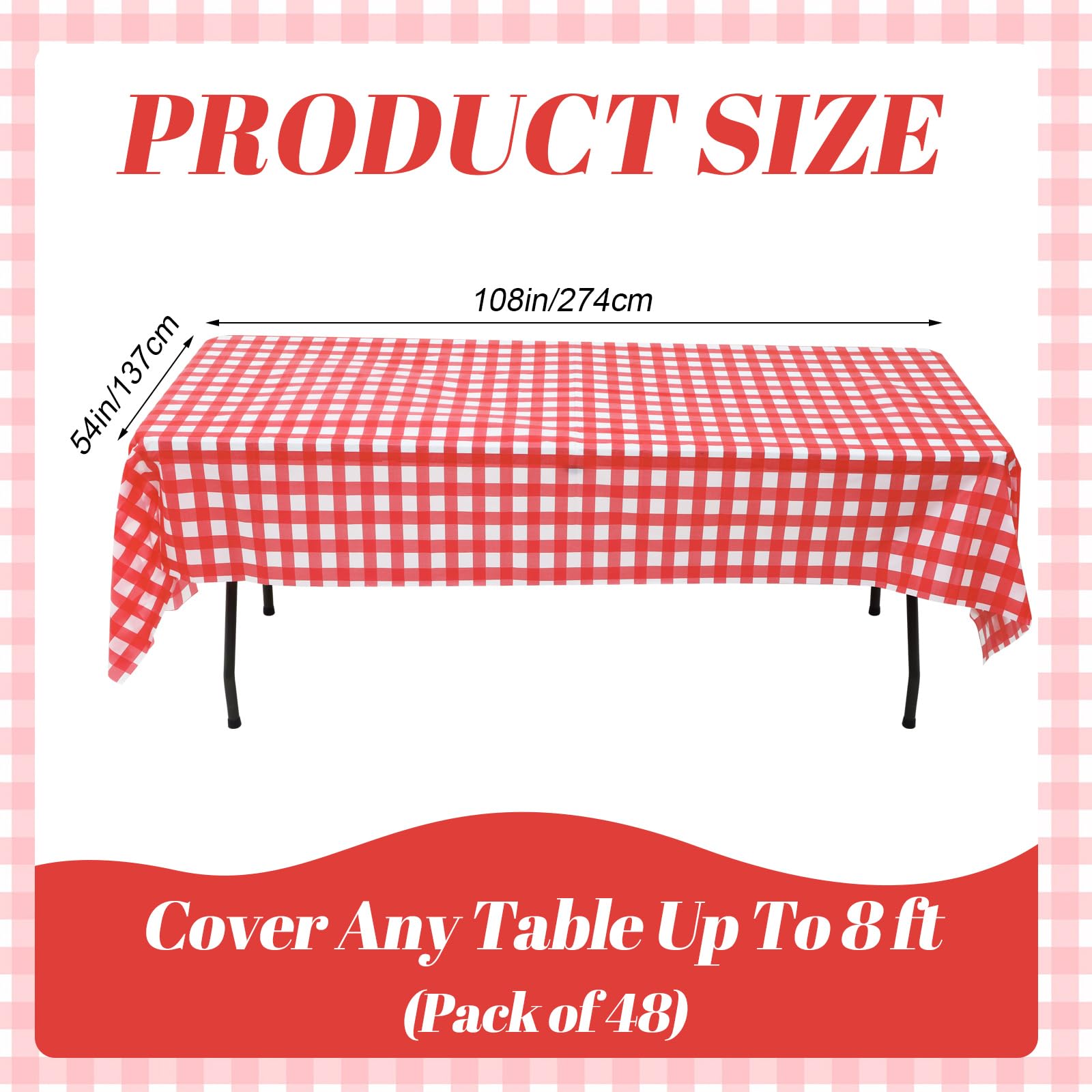 VitalCozy 48 manteles de plástico a cuadros rojos y blancos de 108 x 54 pulgadas, manteles desechables a cuadros rojos para fiestas, cumpleaños, bodas, barbacoas, mesa rectangular de 8 pies