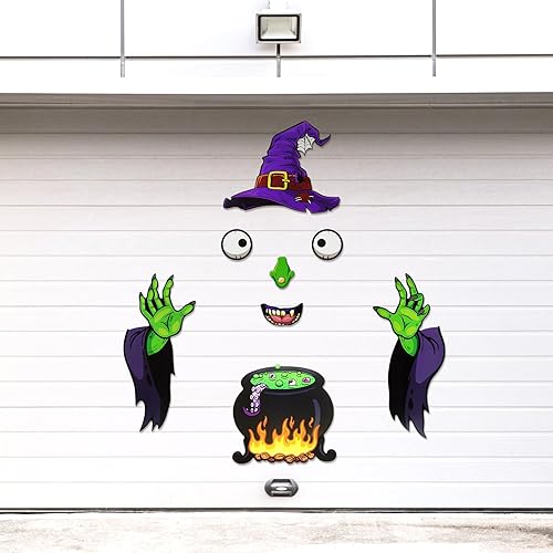 Miniatura 7 de GoosWexmzl Decoración de cara de monstruo de Halloween, decoración de arco de puerta de garaje, calcomanías con enorme sombrero de bruja, ojos,