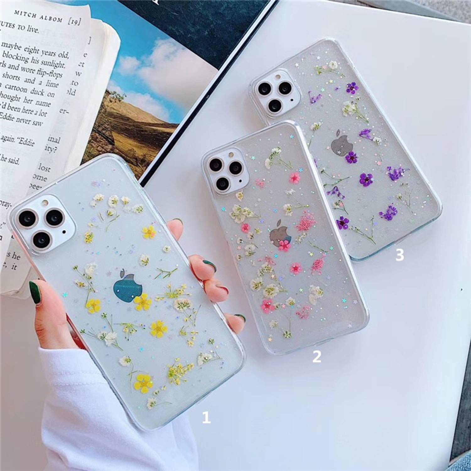 Custodia protettiva per iPhone 11, decorata a mano con veri fiori secchi, in gomma trasparente, motivo floreale colorato, per Apple iPhone 11, piccolo fiore giallo