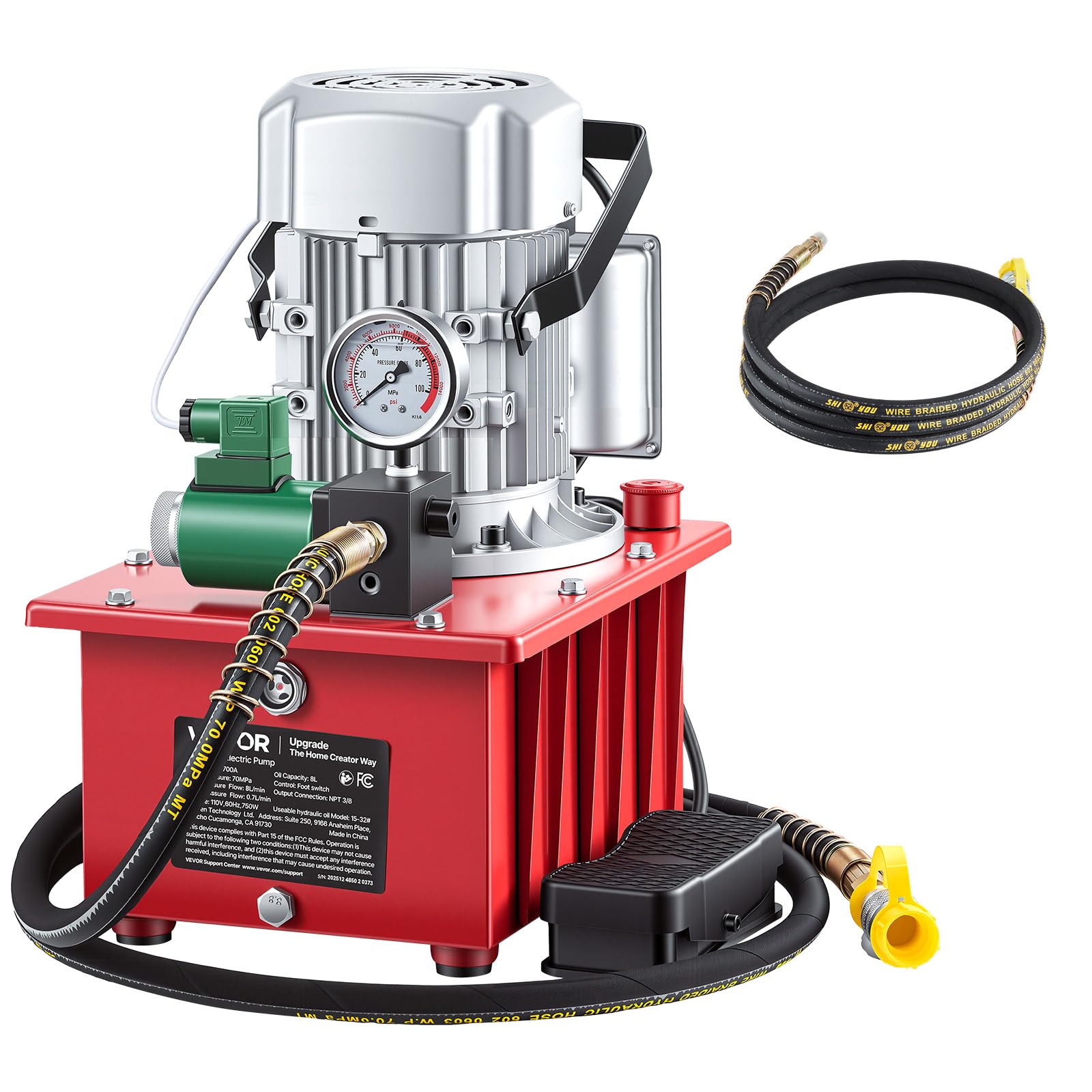VEVOR Pompa Idraulica Elettrica 750 W a Effetto Singolo 10000 PSI, Pompa Elettroidraulica con Interruttore a Pedale, Centralina Idraulica con Serbatoio Olio Capienza 8 Litri per Punzonatrua Piegatura